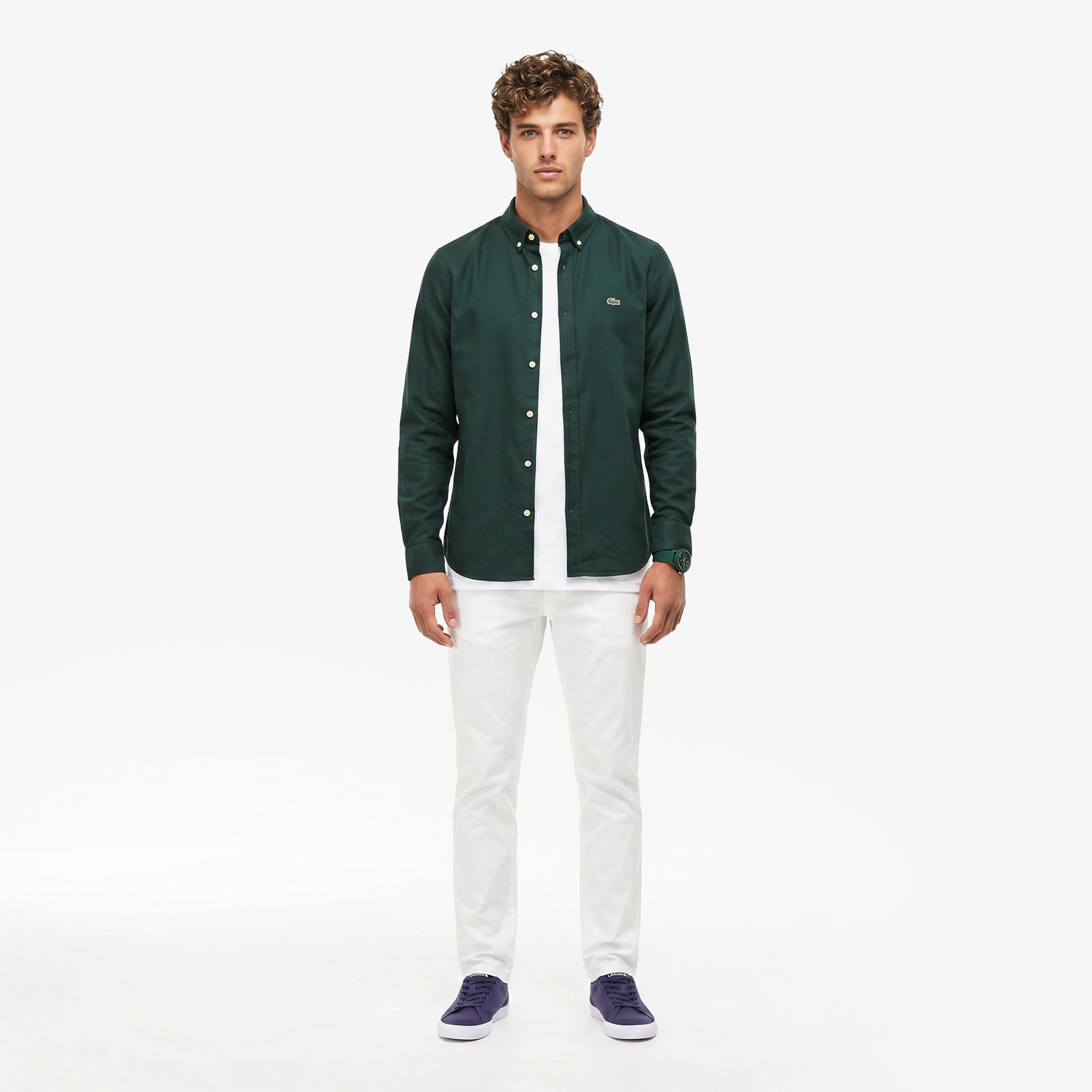 Erkek Slim Fit Düğmeli Yaka Koyu Yeşil Gömlek