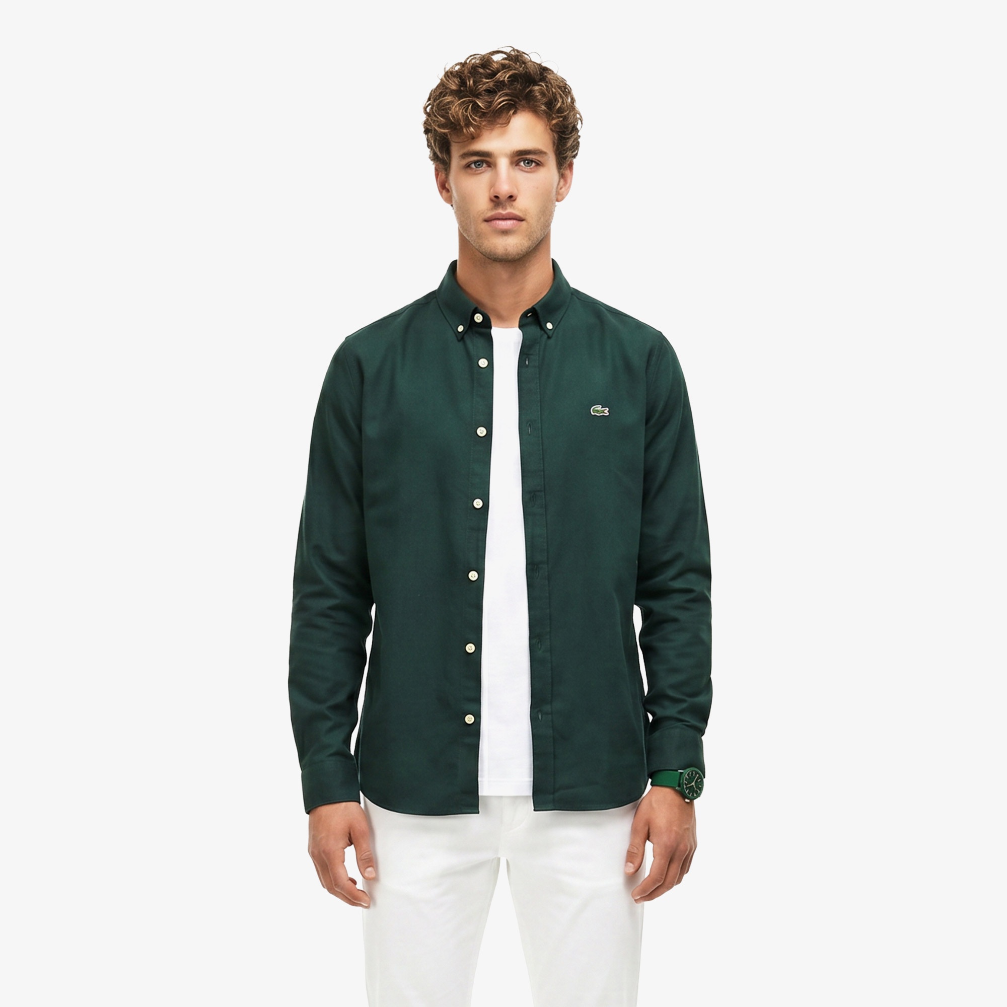 Erkek Slim Fit Düğmeli Yaka Koyu Yeşil Gömlek