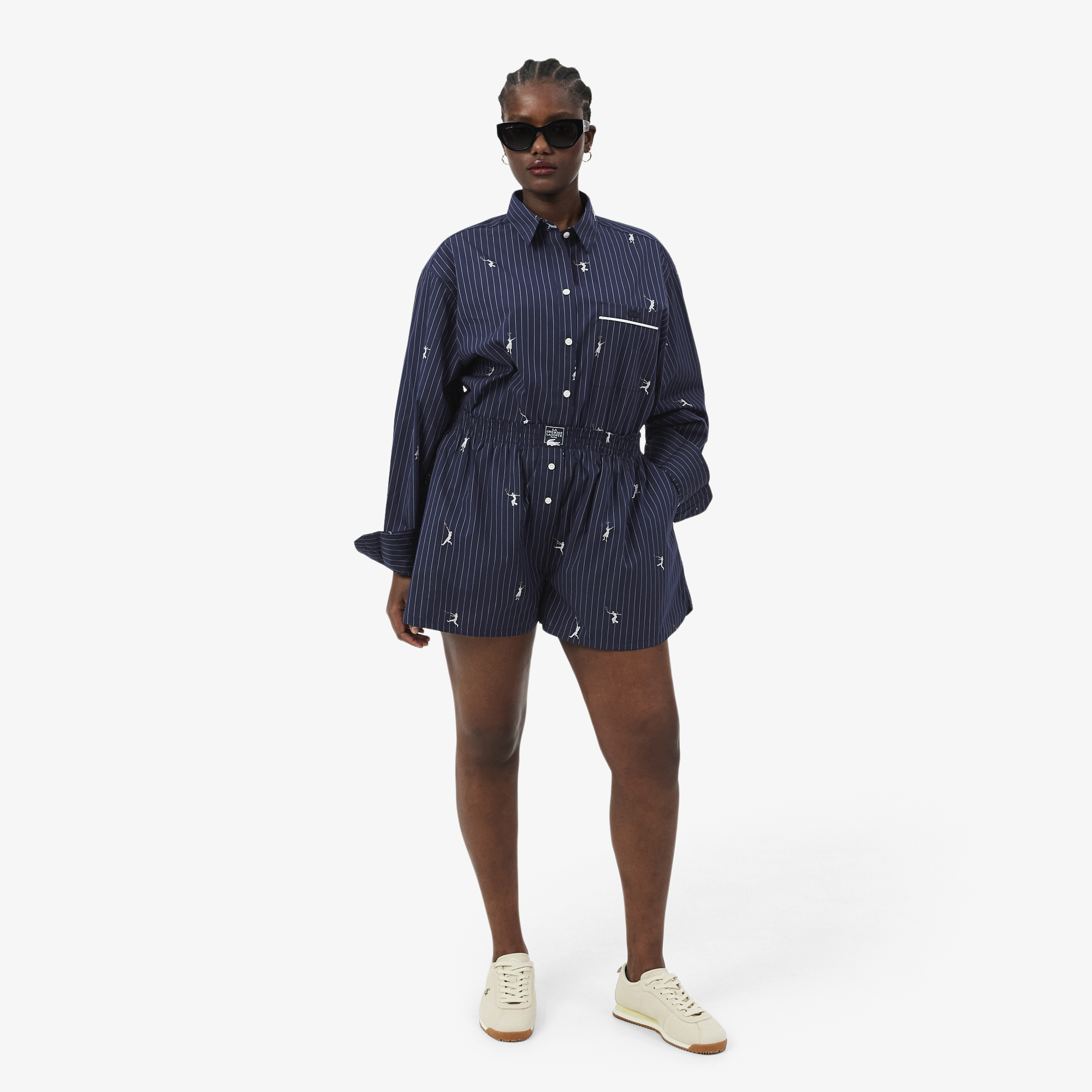 Lacoste Kadın Oversize Fit Çizgili Lacivert Şort görsel 5