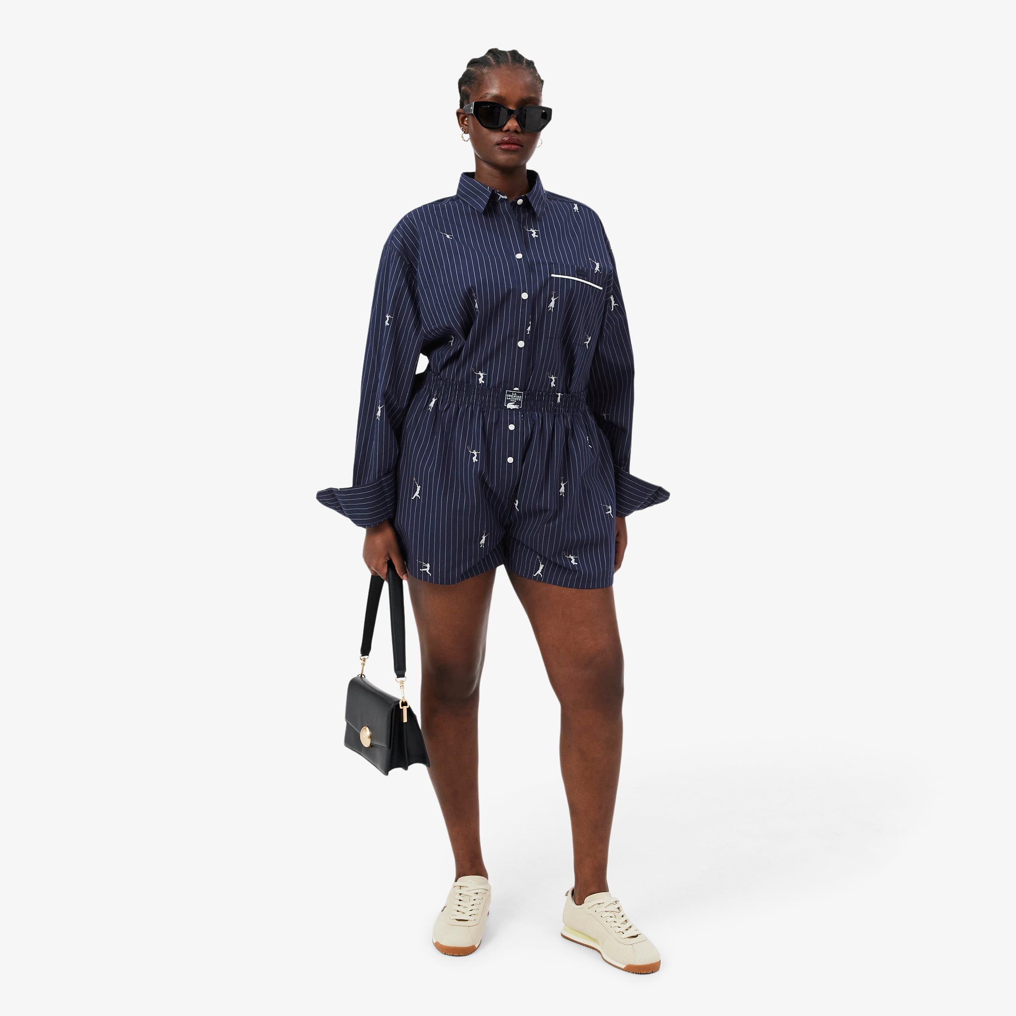 Lacoste Kadın Oversize Fit Çizgili Lacivert Şort görsel 6