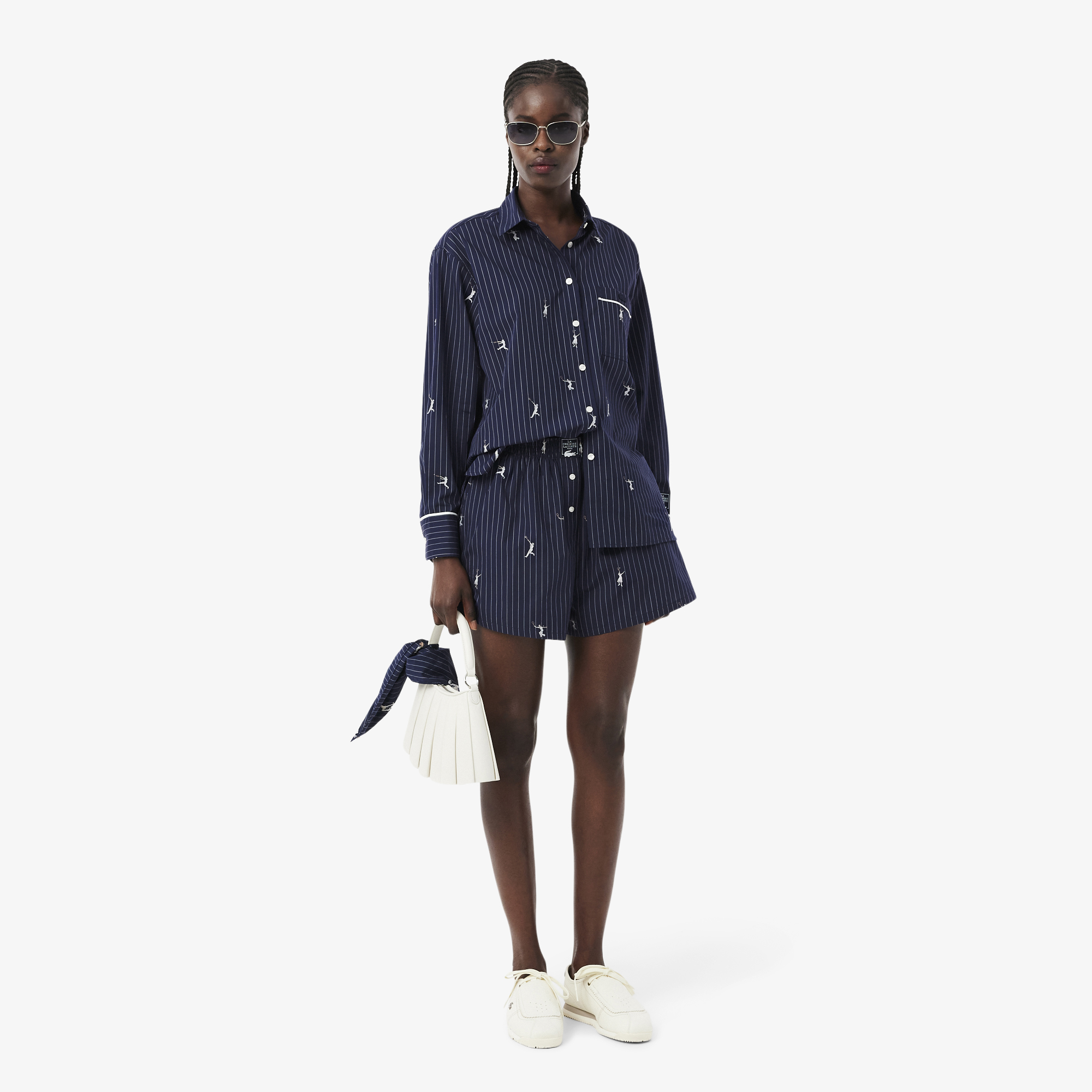 Lacoste Kadın Oversize Fit Çizgili Lacivert Gömlek görsel 4