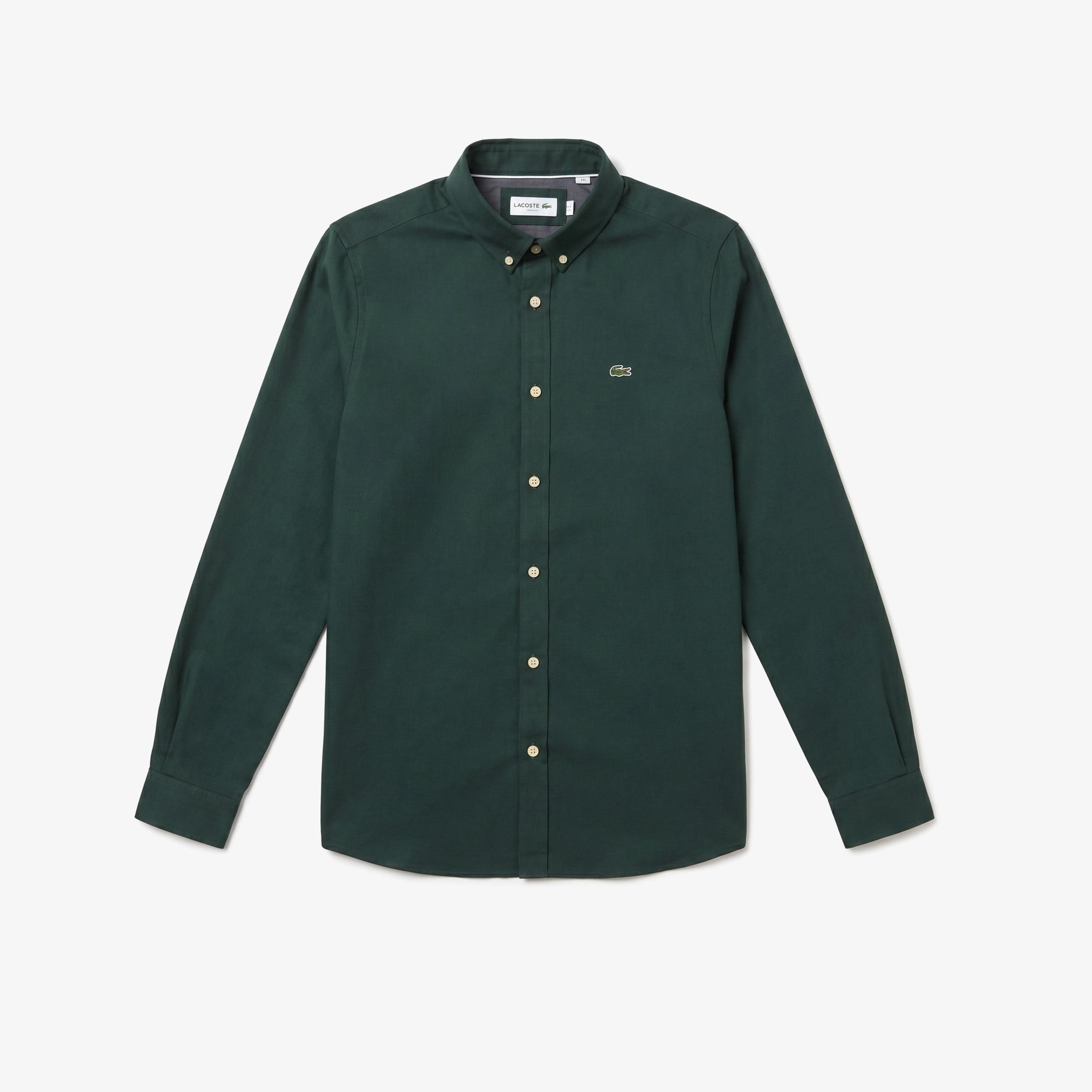 Erkek Slim Fit Düğmeli Yaka Koyu Yeşil Gömlek