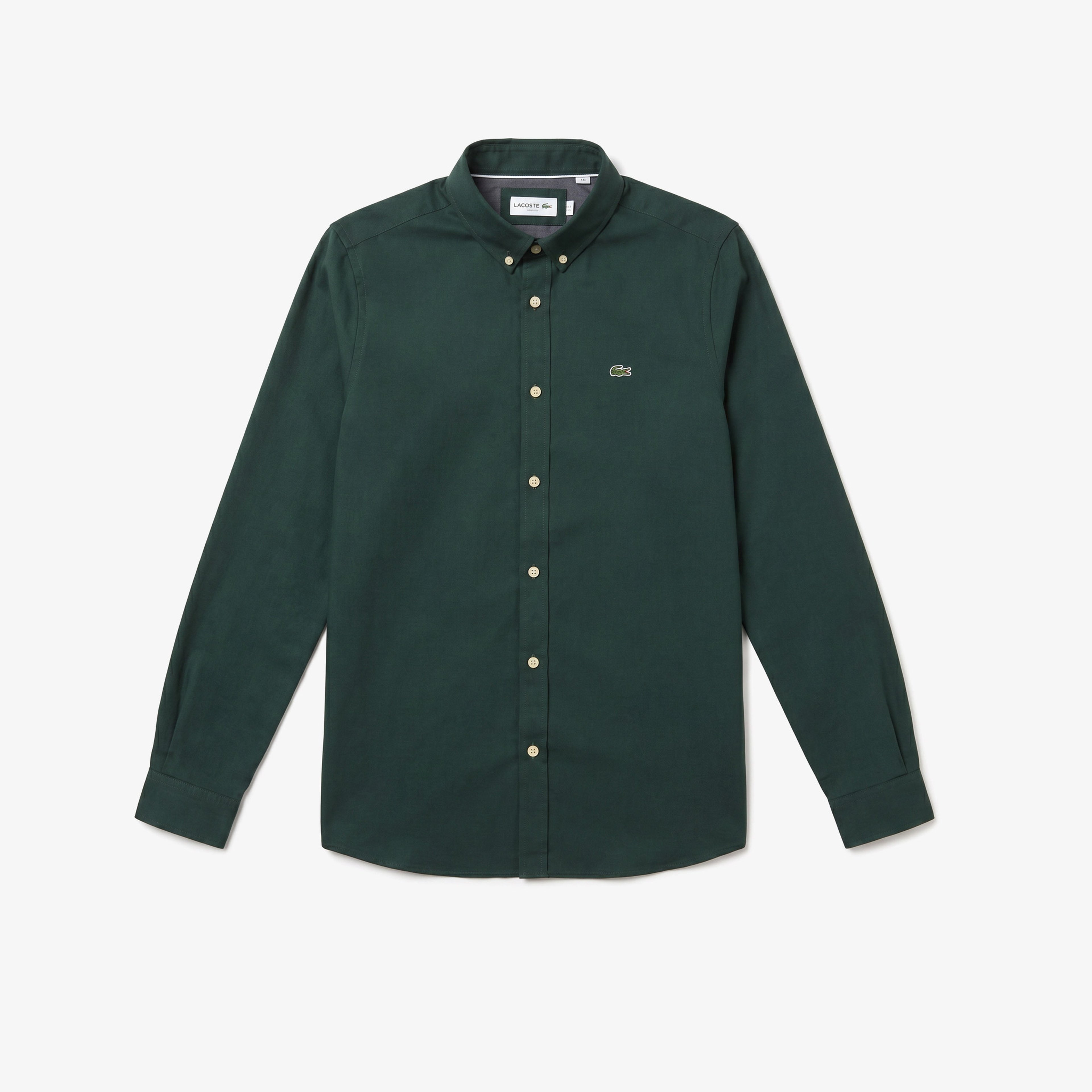 Erkek Slim Fit Düğmeli Yaka Koyu Yeşil Gömlek