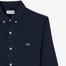 Erkek Regular Fit Düğmeli Yaka Keten Lacivert Gömlek Lacivert