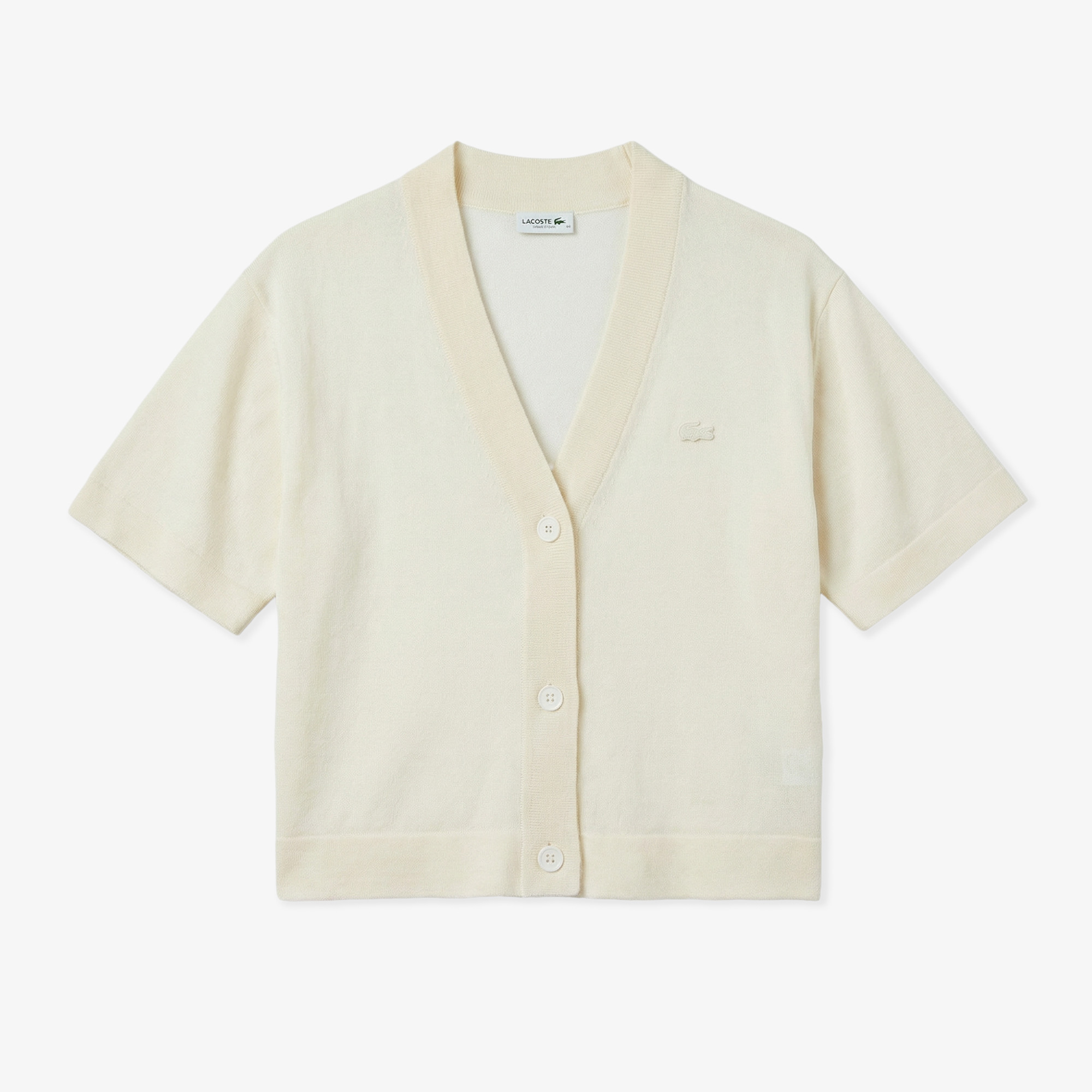 Lacoste Kadın Relaxed Fit Kısa Kollu V Yaka Keten Krem Hırka görsel 3