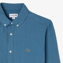 Erkek Regular Fit Düğmeli Yaka Keten Mavi Gömlek Mavi