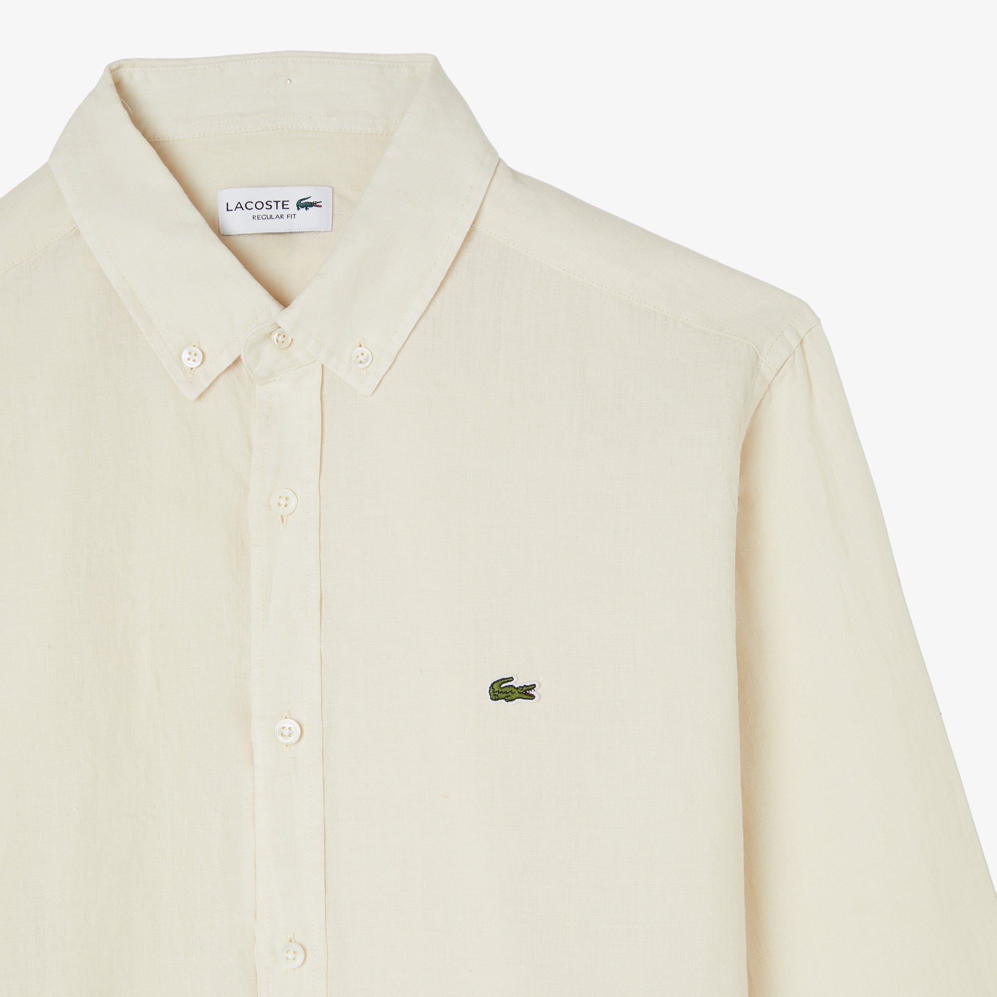 Lacoste Erkek Regular Fit Düğmeli Yaka Keten Krem Gömlek görsel 4