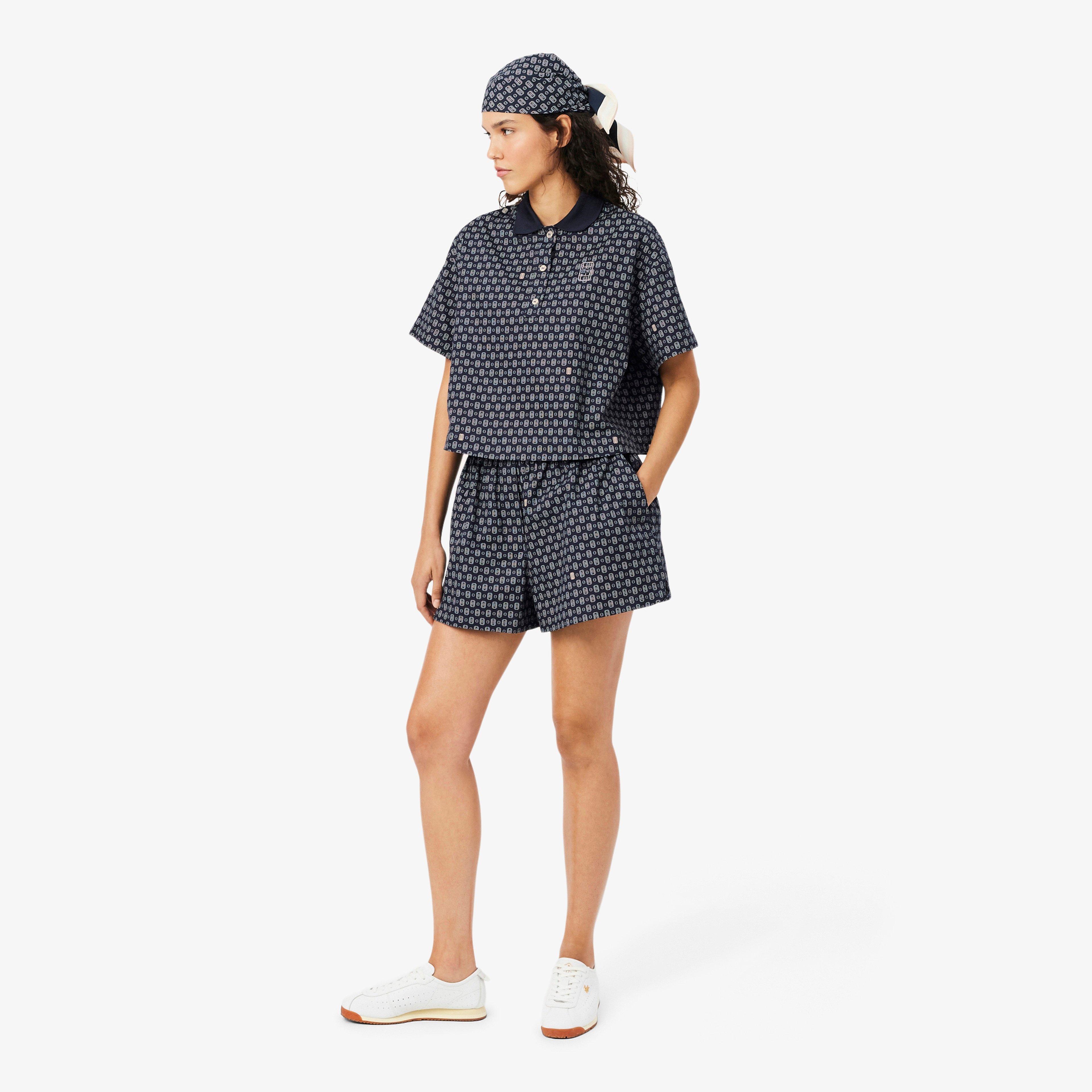 Kadın Oversize Fit Desenli Lacivert Polo