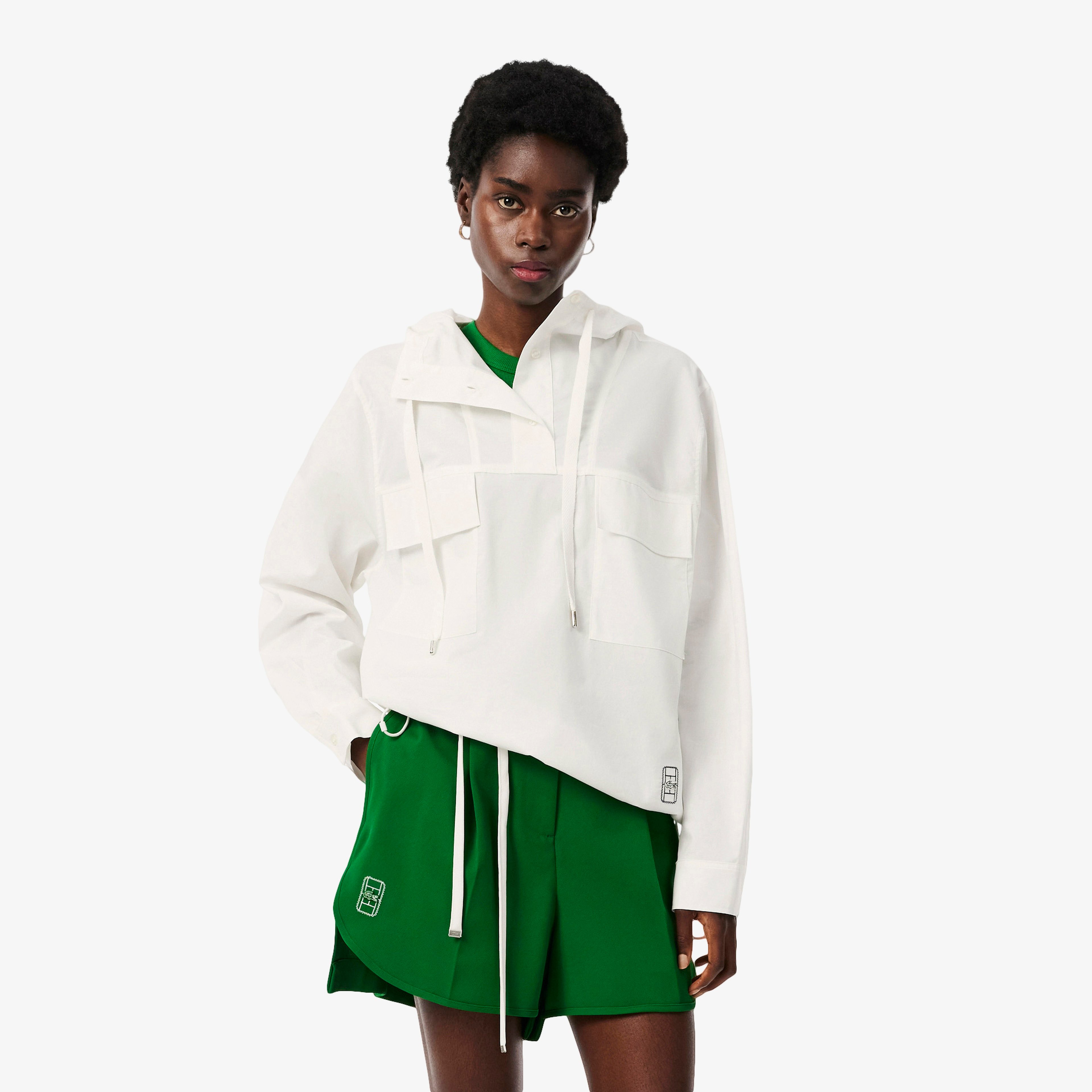 Kadın Oversize Fit Kapüşonlu Beyaz Yağmurluk
