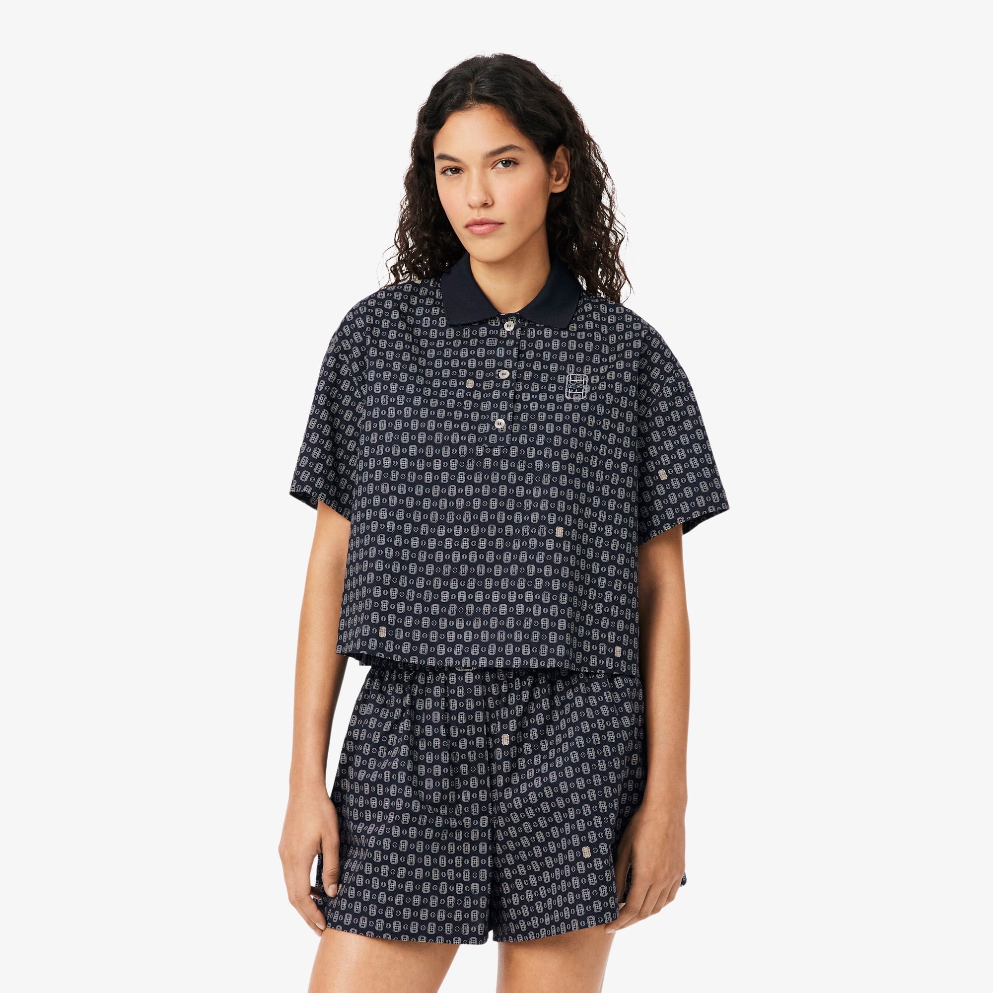Kadın Oversize Fit Desenli Lacivert Polo