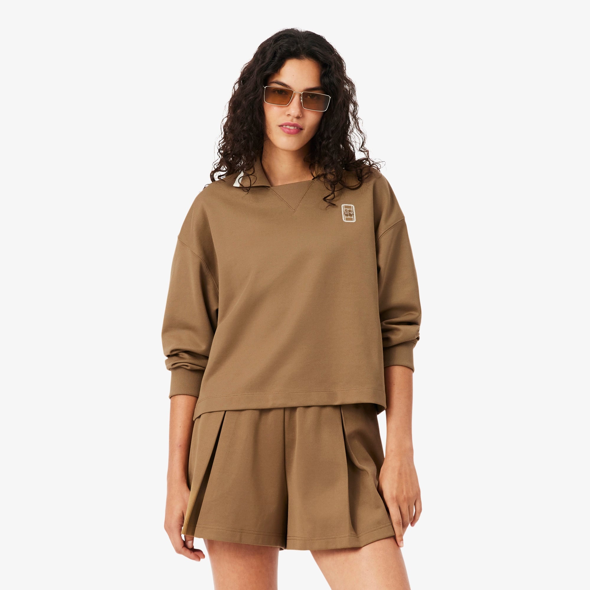 Kadın Oversize Fit Polo Yaka Kahverengi Sweatshirt