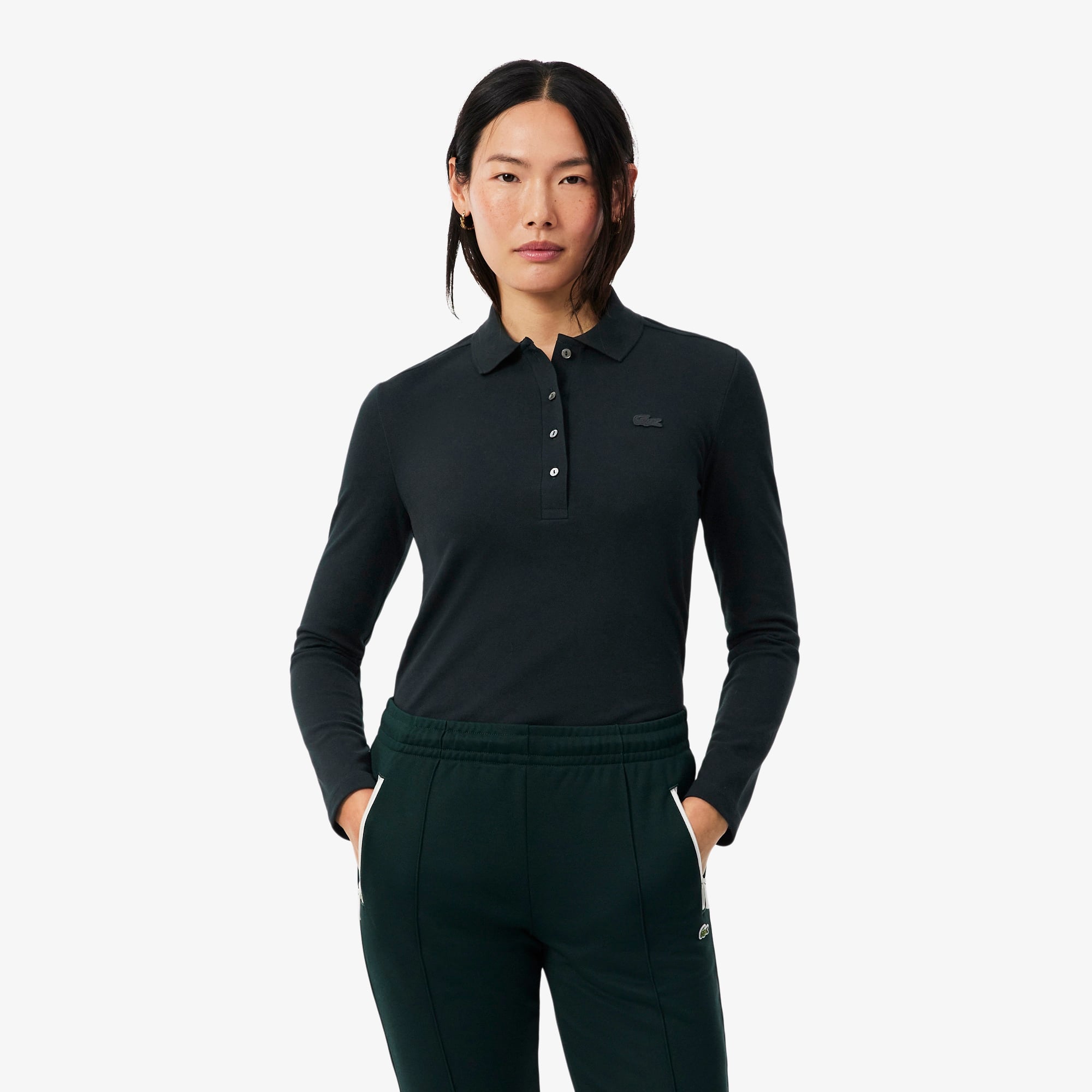 L.12.D Kadın Slim Fit Uzun Kollu Koyu Yeşil Polo