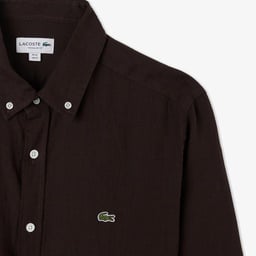 Erkek Regular Fit Düğmeli Yaka Keten Kahverengi Gömlek Kahverengi