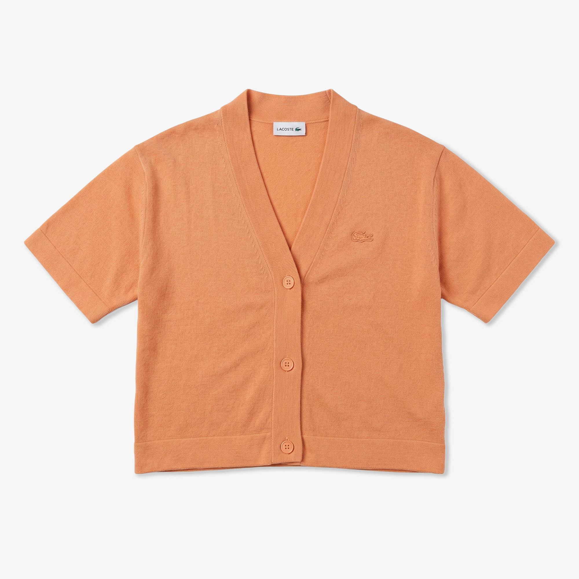 Lacoste Kadın Relaxed Fit Kısa Kollu V Yaka Keten Turuncu Hırka görsel 2