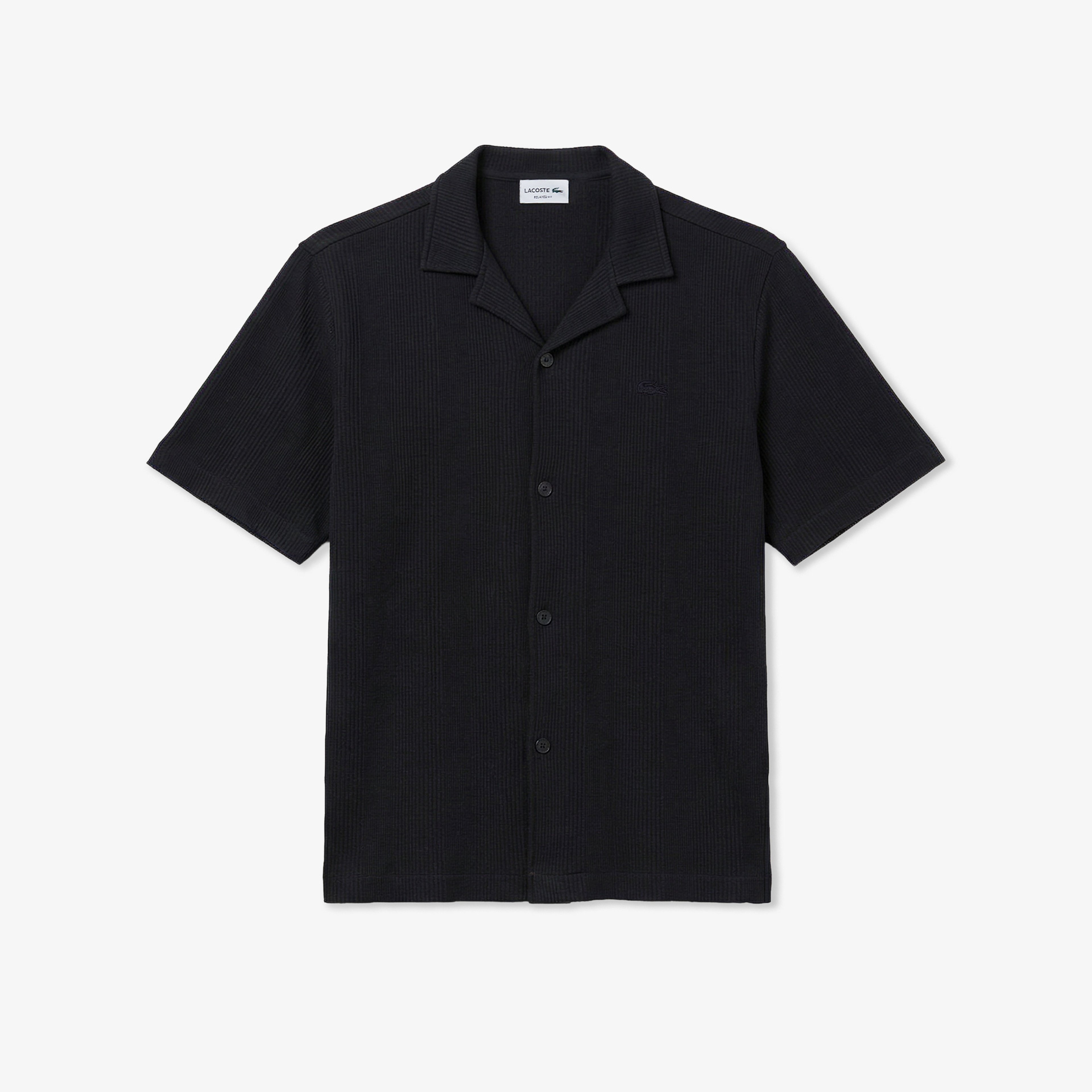 Erkek Relaxed Fit Kısa Kollu Çizgili Koyu Gri Gömlek Erkek Relaxed Fit Kısa Kollu Çizgili Koyu Gri Gömlek