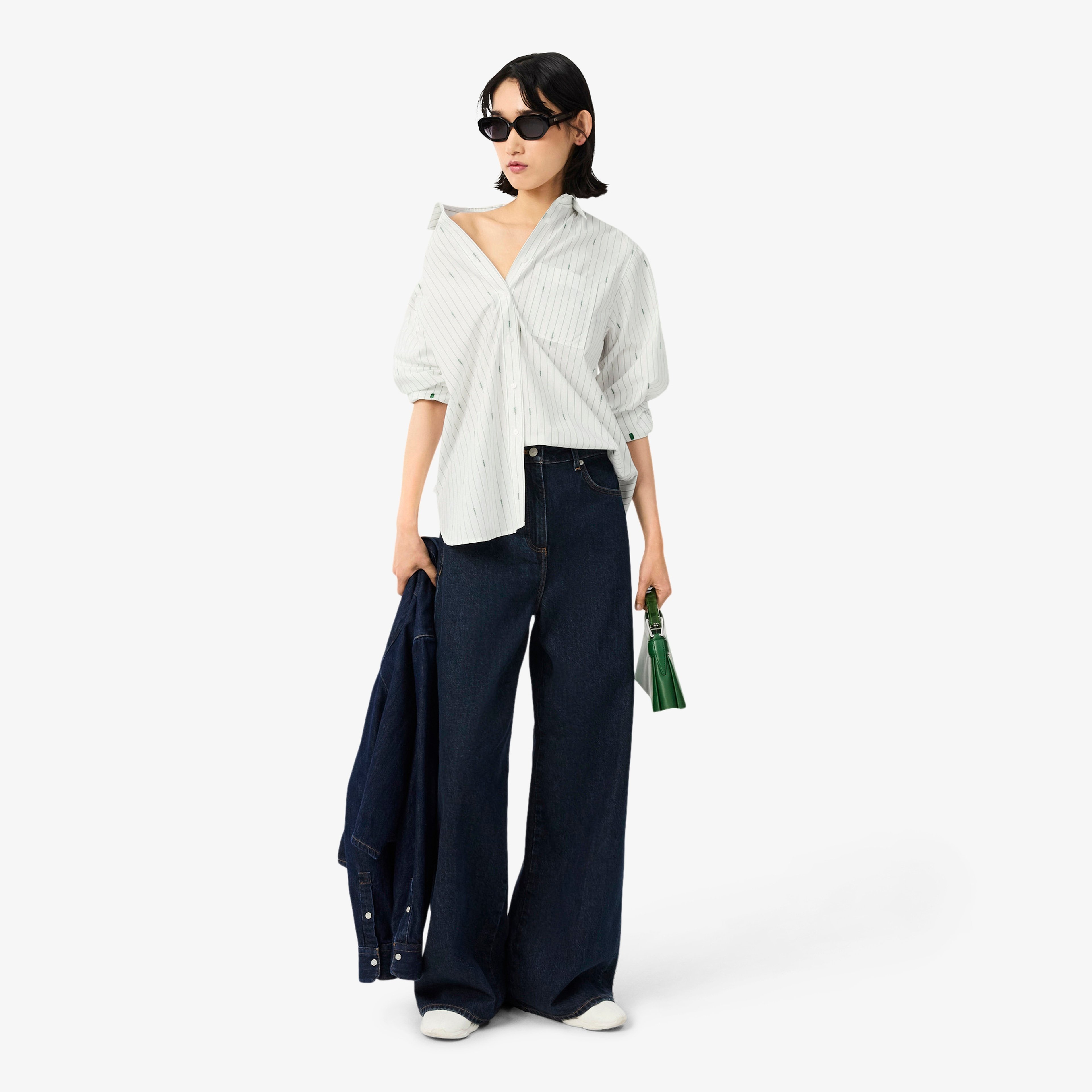 Kadın Oversize Fit Çizgili Beyaz Gömlek