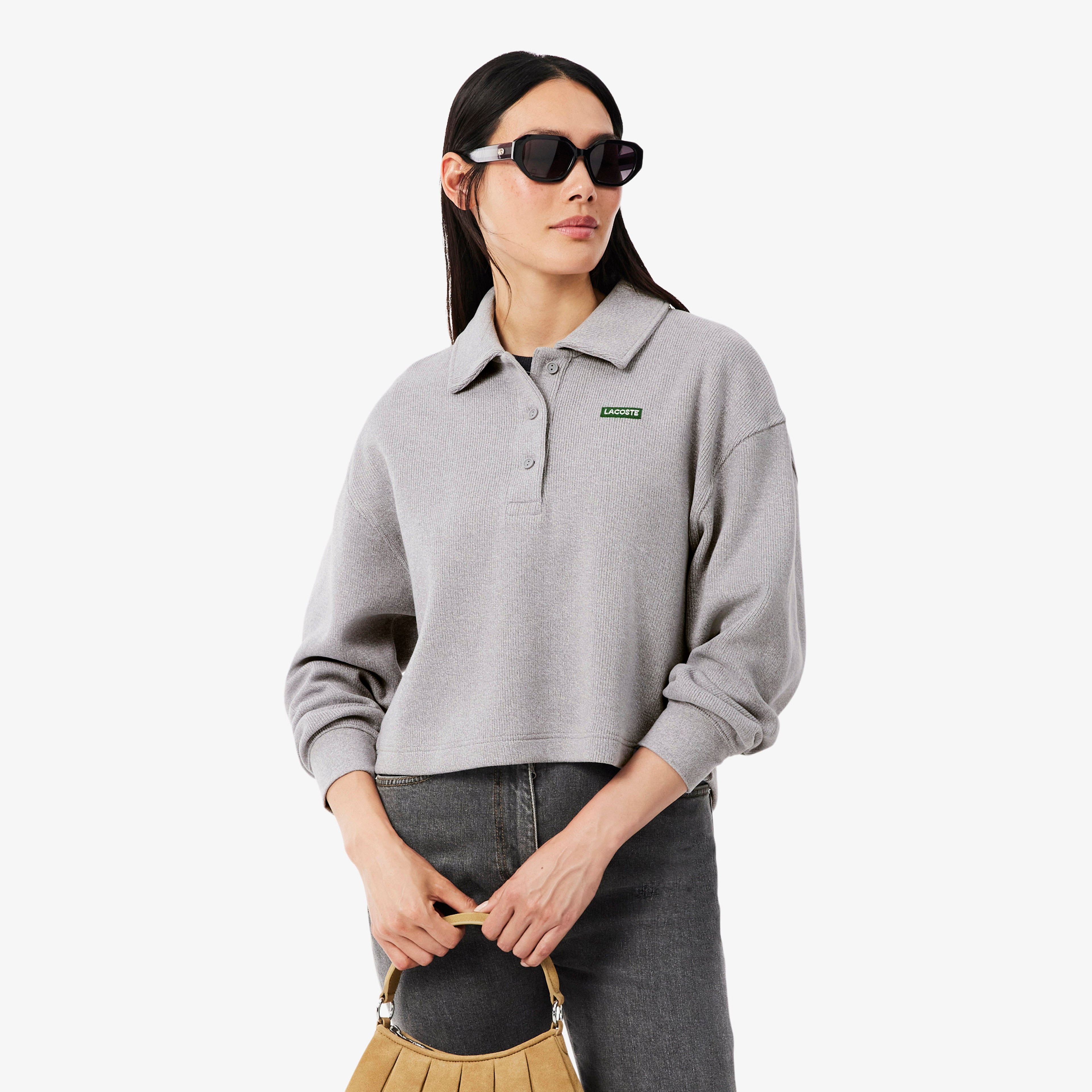 Kadın Oversize Fit Polo Yaka Gri Sweatshirt
