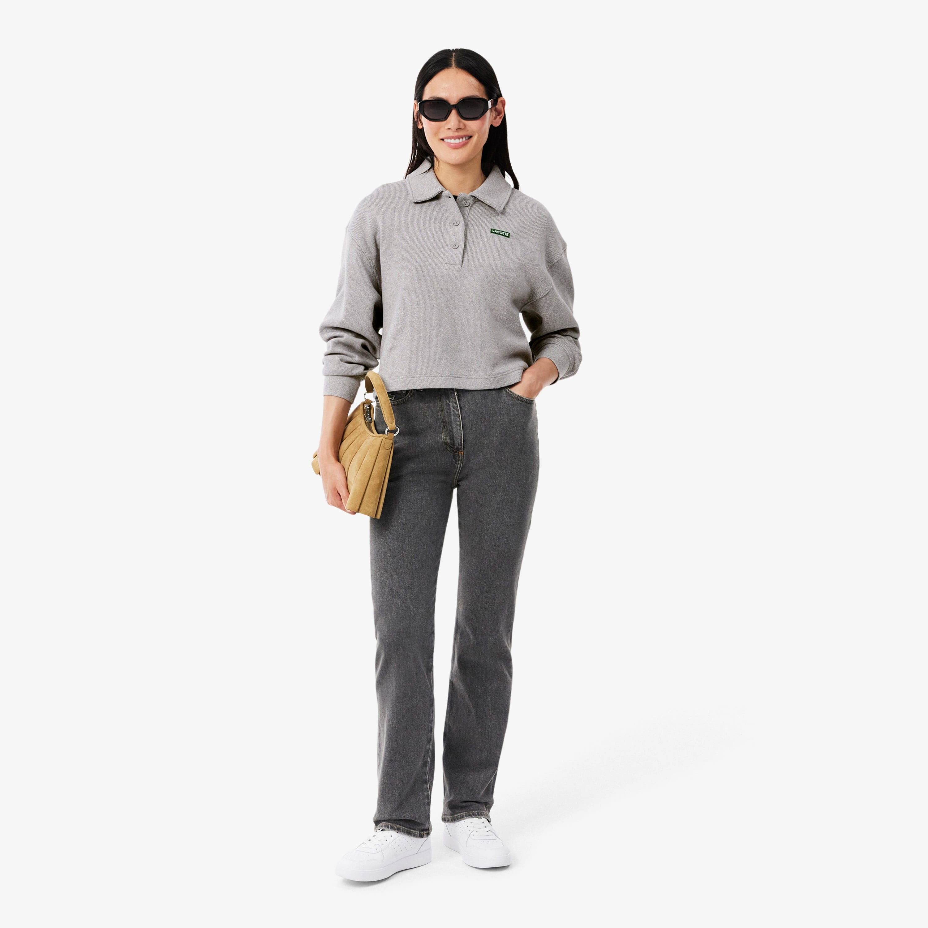 Kadın Oversize Fit Polo Yaka Gri Sweatshirt