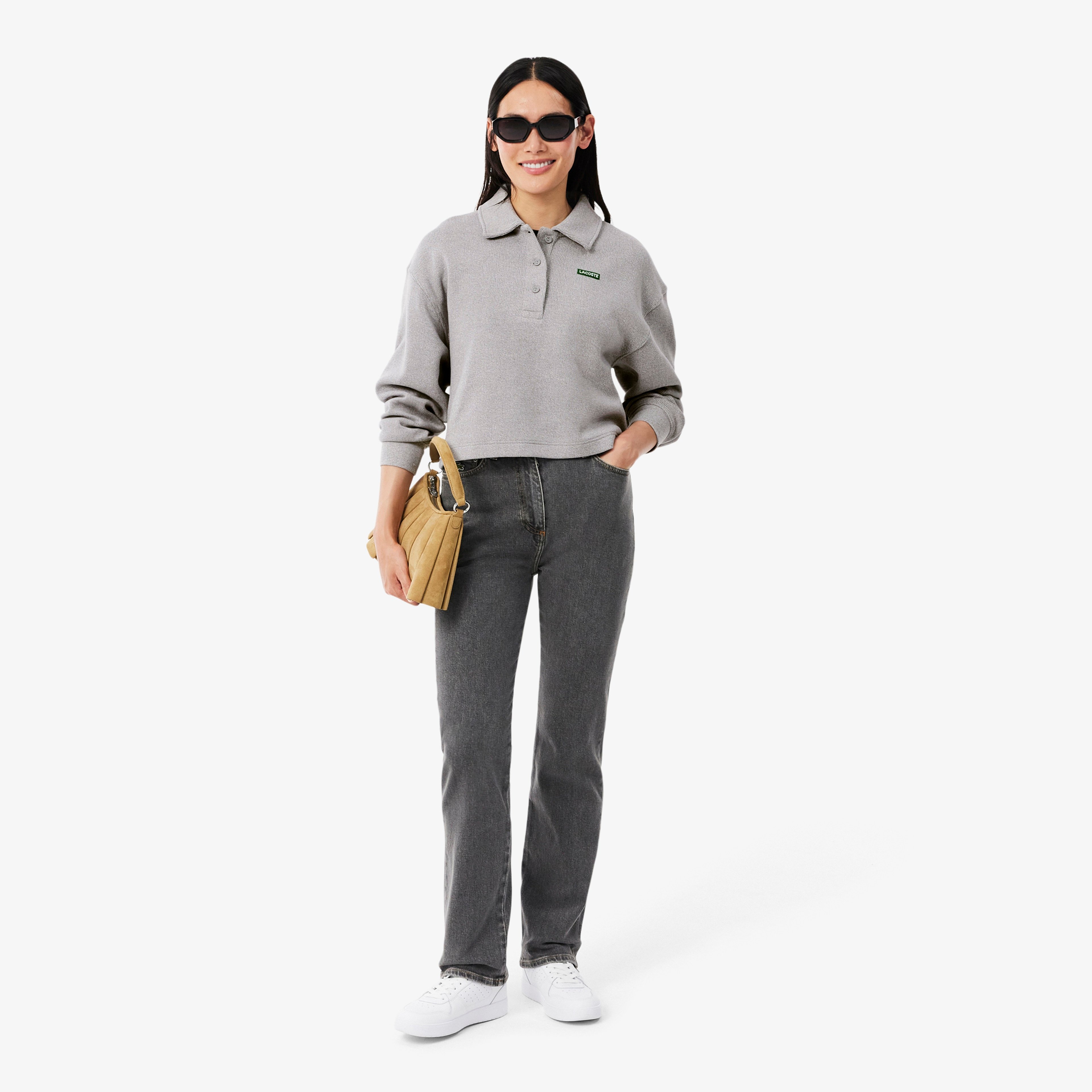 Kadın Oversize Fit Polo Yaka Gri Sweatshirt