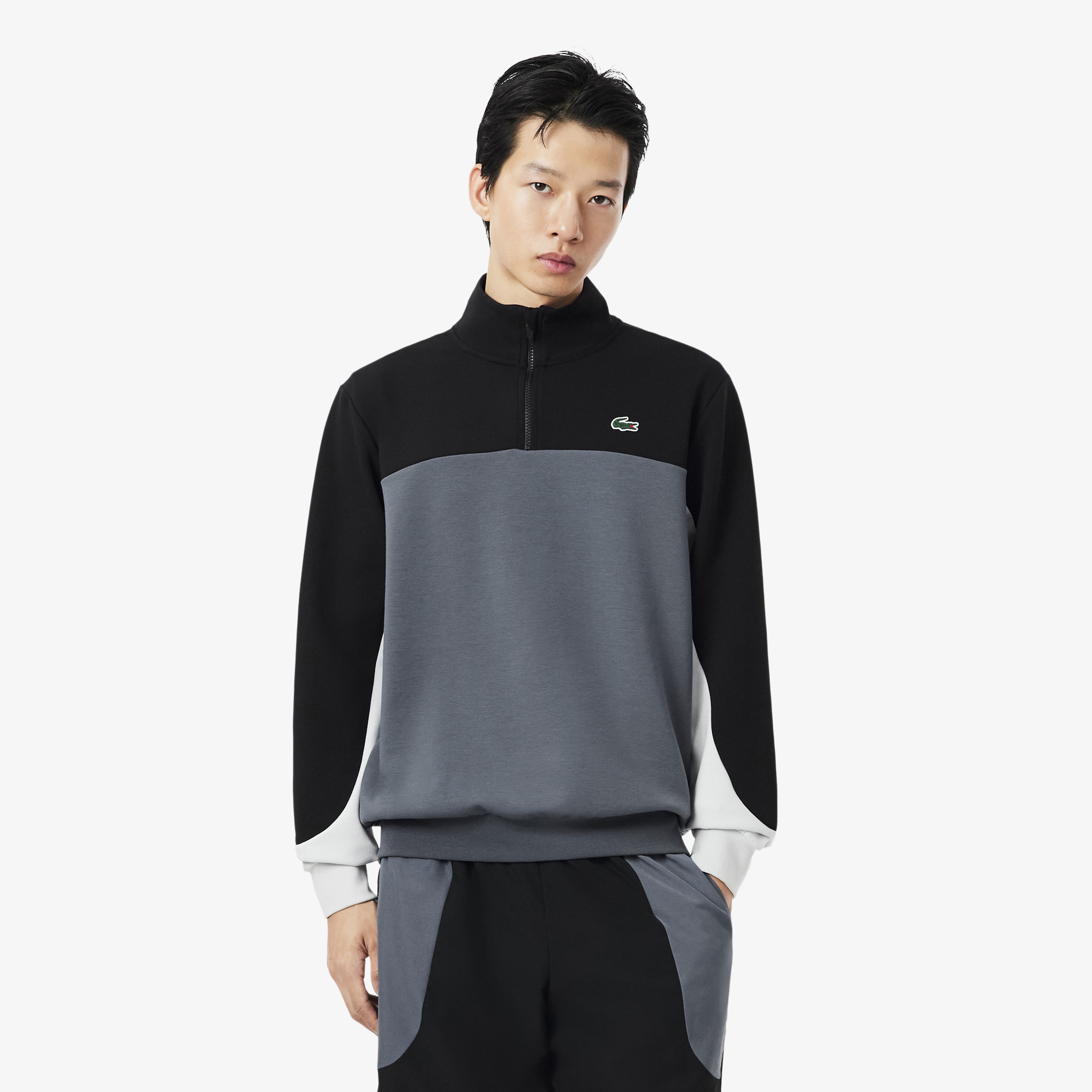 Erkek Classic Fit Yarım Fermuarlı Renk Bloklu Gri Sweatshirt