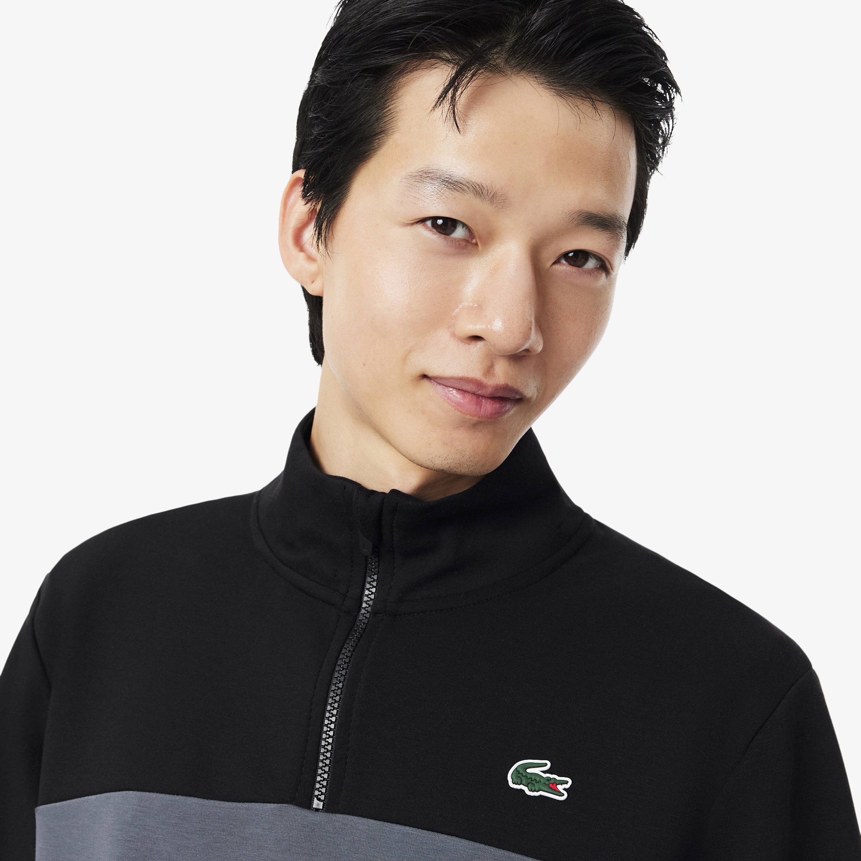 Erkek Classic Fit Yarım Fermuarlı Renk Bloklu Gri Sweatshirt