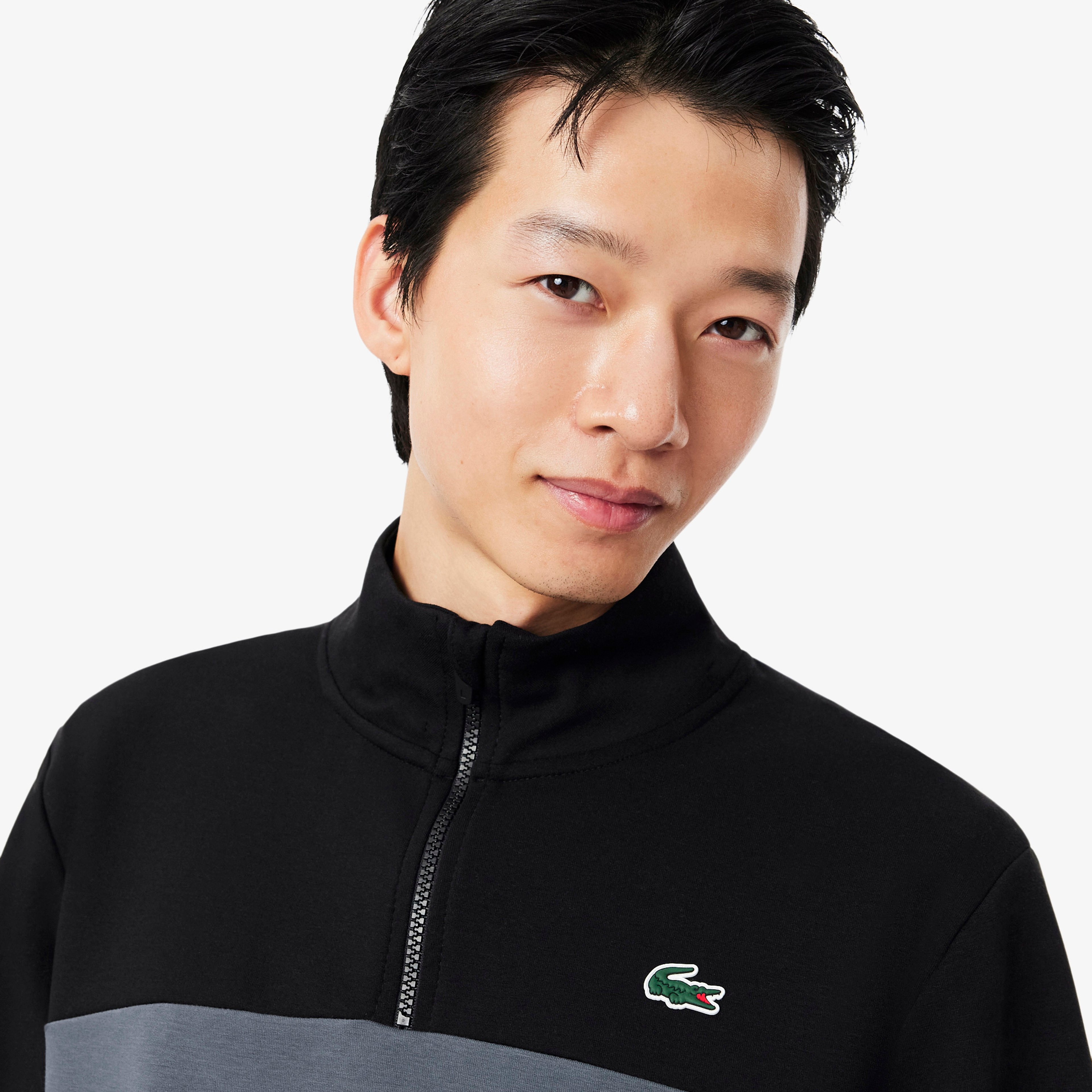 Erkek Classic Fit Yarım Fermuarlı Renk Bloklu Gri Sweatshirt
