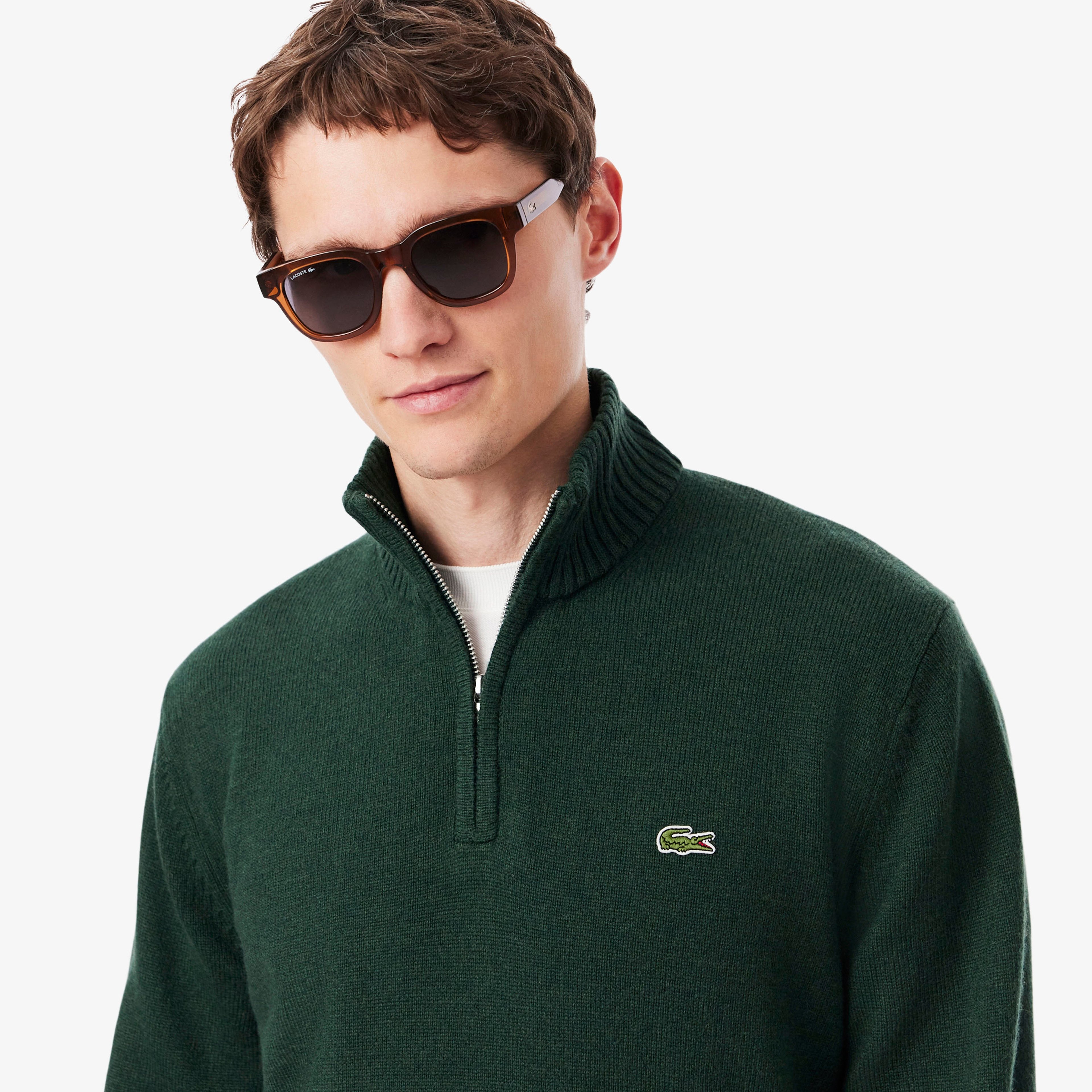 Erkek Classic Fit Yarım Fermuarlı Yün Koyu Yeşil Kazak Erkek Classic Fit Yarım Fermuarlı Yün Koyu Yeşil Kazak