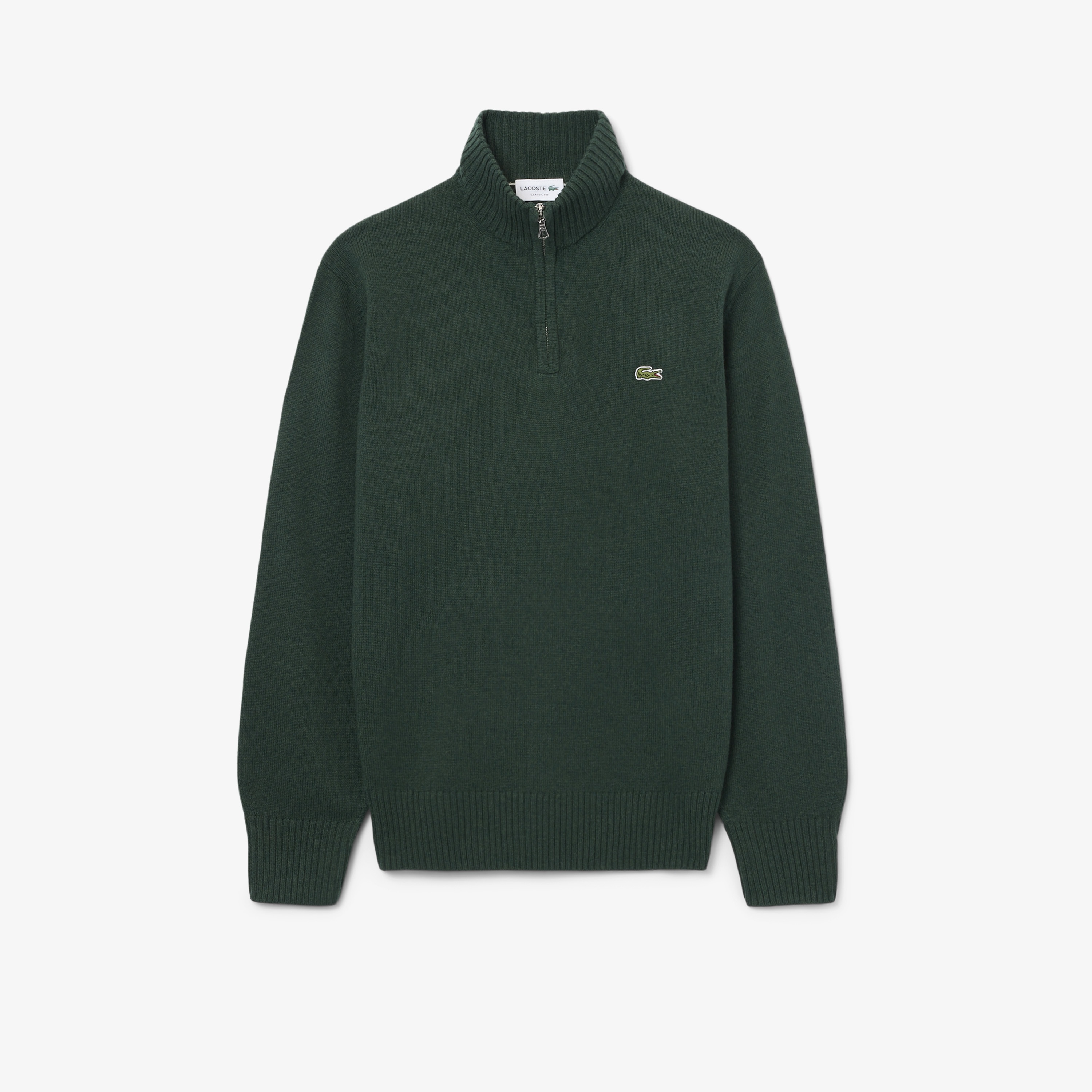 Erkek Classic Fit Yarım Fermuarlı Yün Koyu Yeşil Kazak