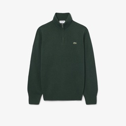 Erkek Classic Fit Yarım Fermuarlı Yün Koyu Yeşil Kazak Yeşil
