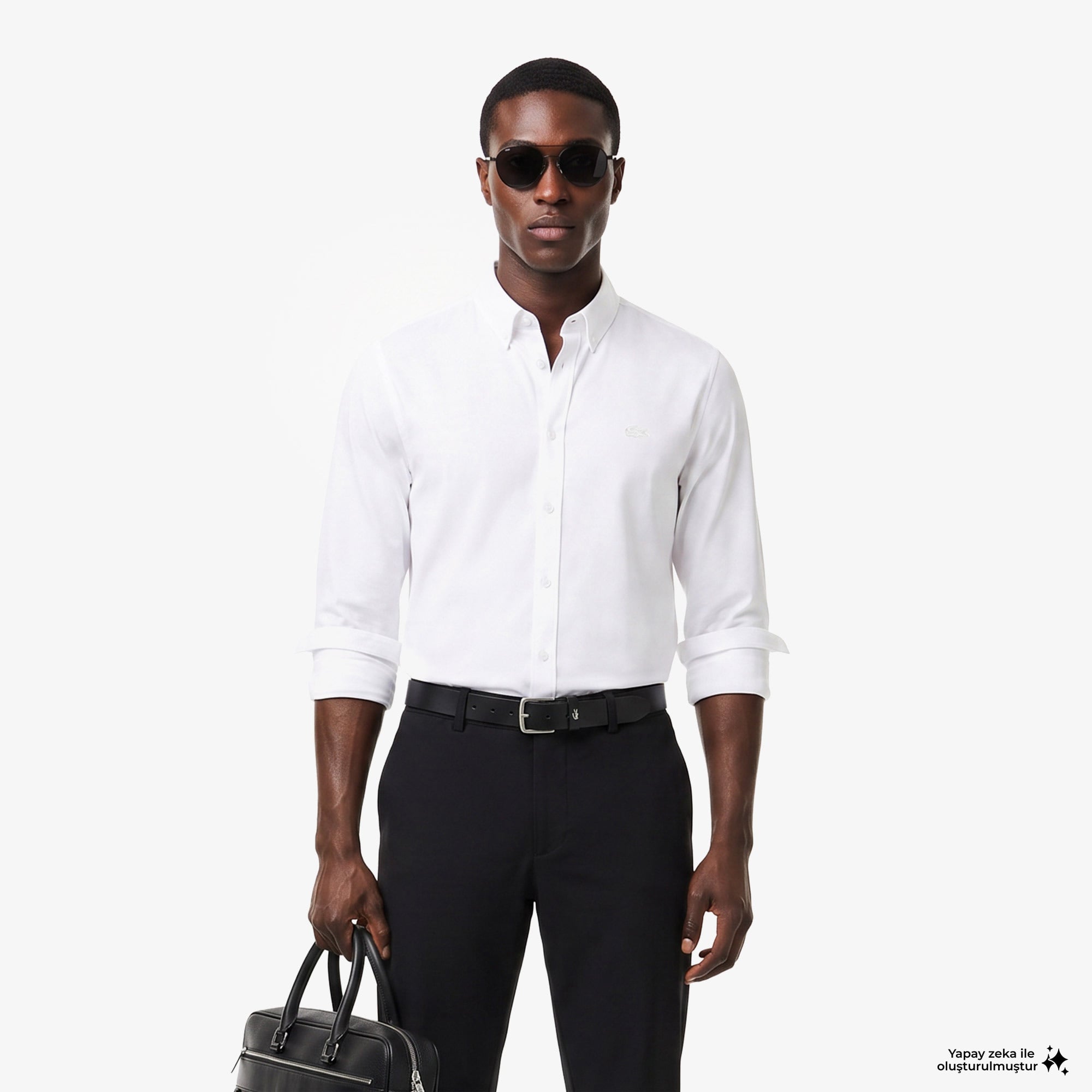 Erkek Slim Fit Düğmeli Yaka Beyaz Gömlek