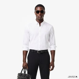 Erkek Slim Fit Düğmeli Yaka Beyaz Gömlek Beyaz