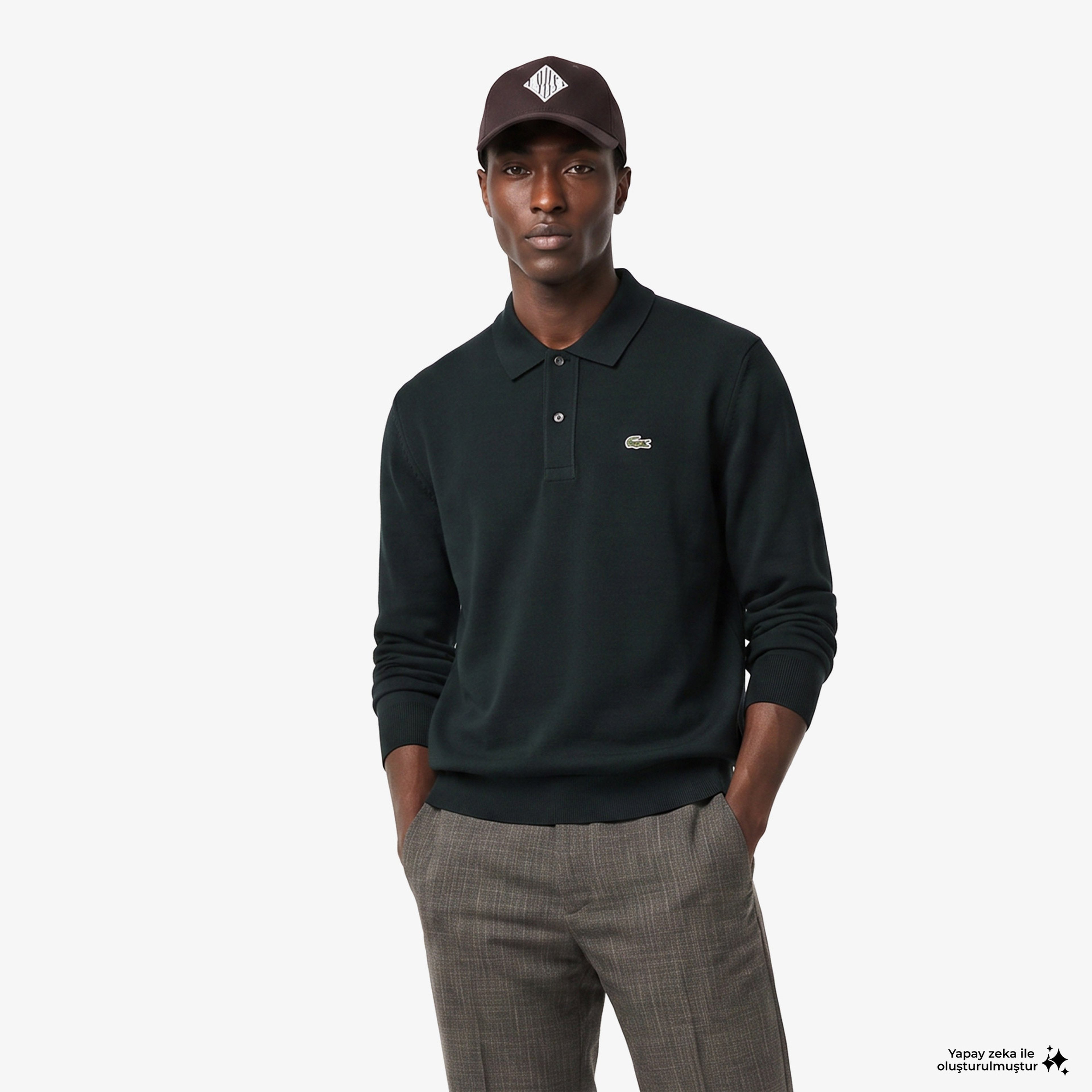 Erkek Classic Fit Polo Yaka Koyu Yeşil Kazak