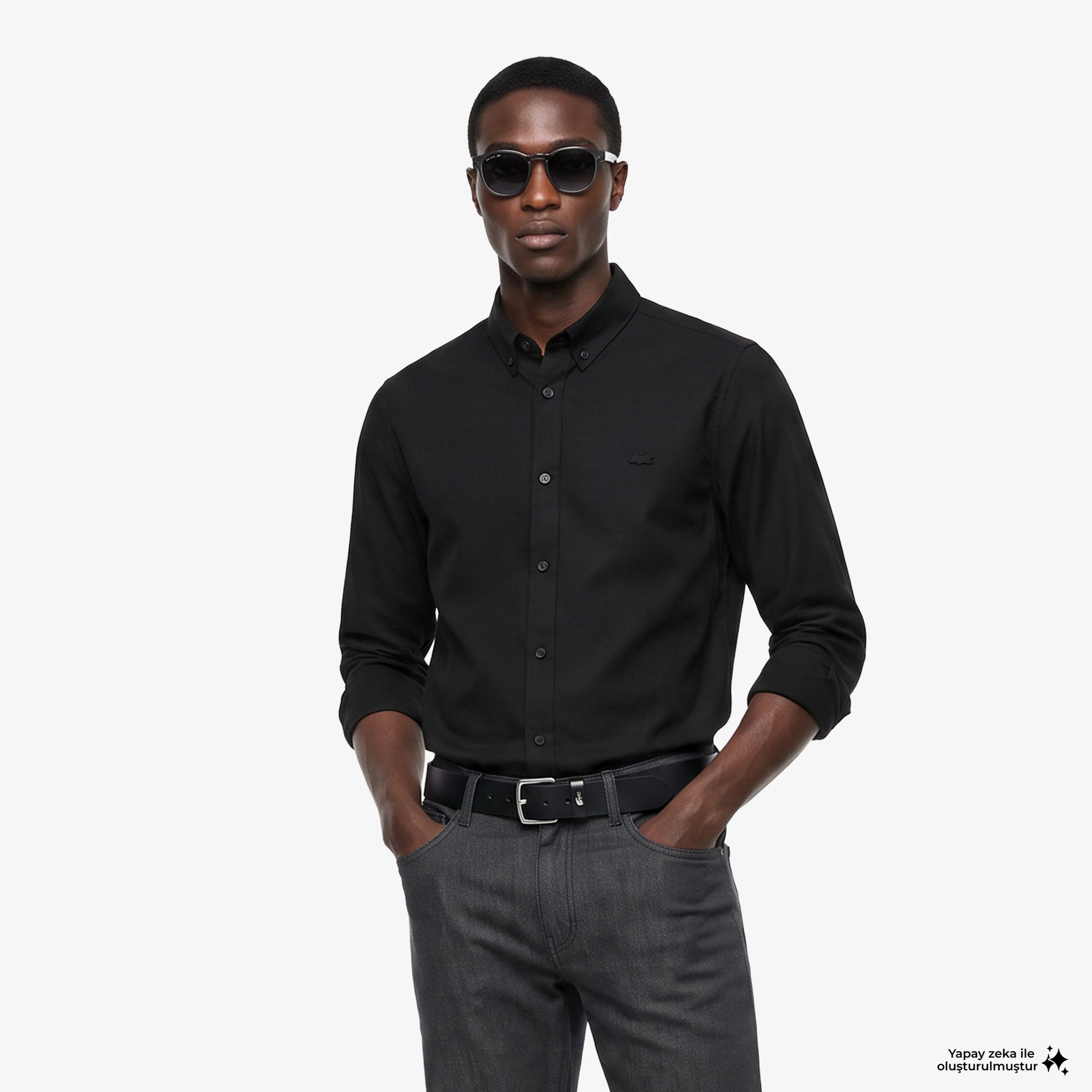 Erkek Slim Fit Düğmeli Yaka Siyah Gömlek Erkek Slim Fit Düğmeli Yaka Siyah Gömlek