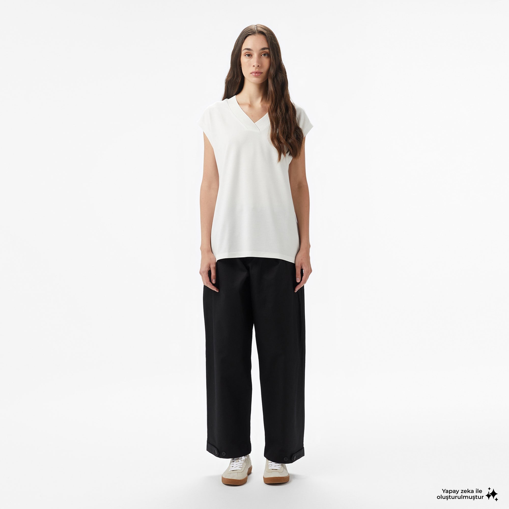 Kadın Slim Fit Kolsuz V Yaka Krem Bluz