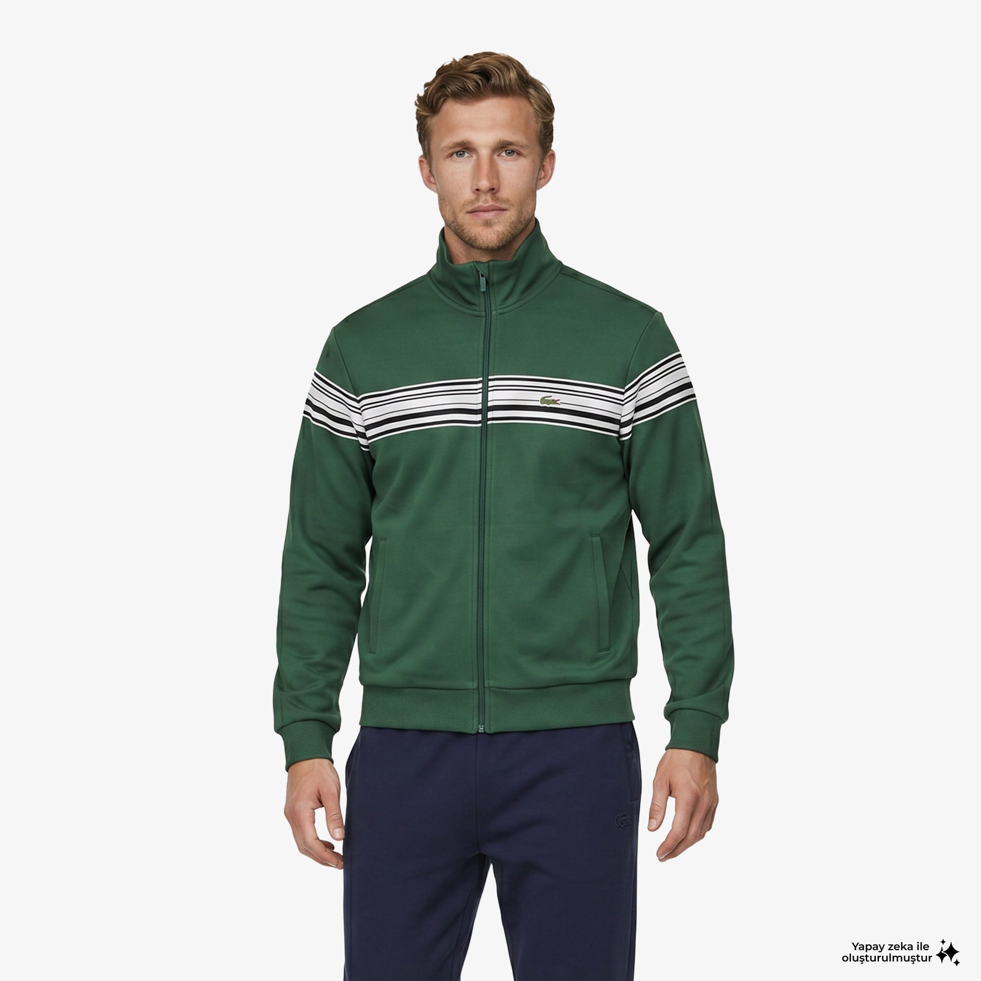 Erkek Regular Fit Fermuarlı Renk Bloklu Yeşil Sweatshirt