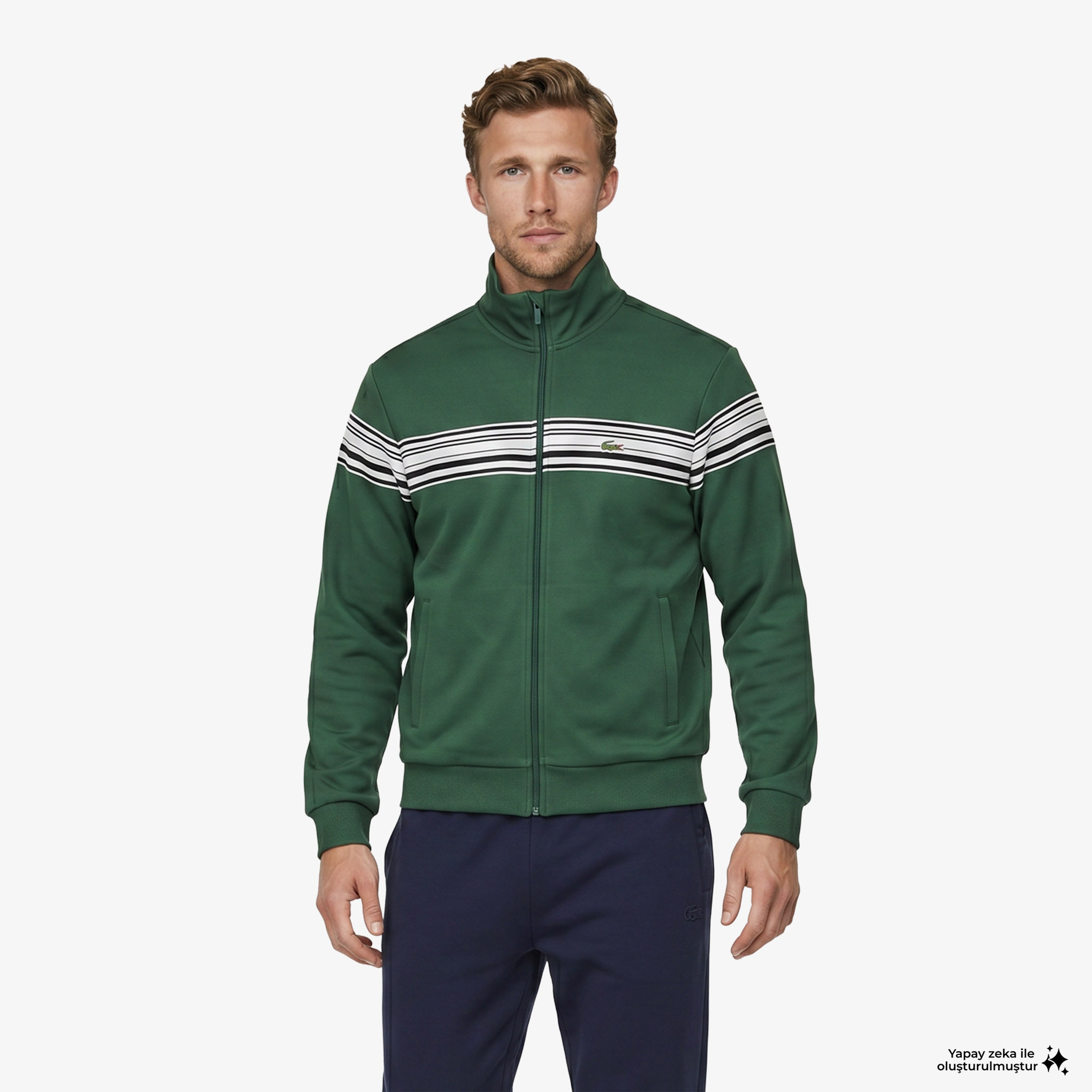 Erkek Regular Fit Fermuarlı Renk Bloklu Yeşil Sweatshirt