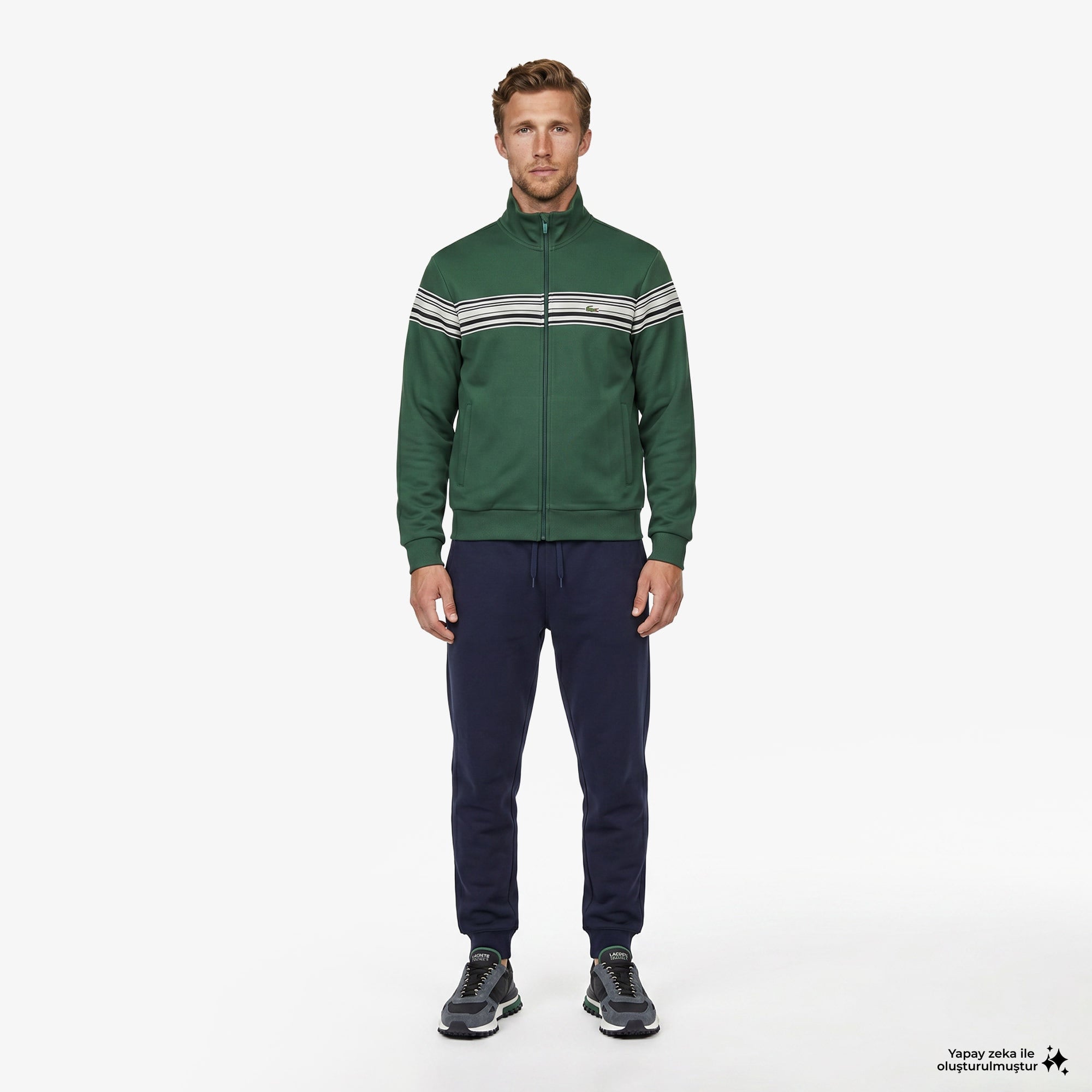 Erkek Regular Fit Fermuarlı Renk Bloklu Yeşil Sweatshirt