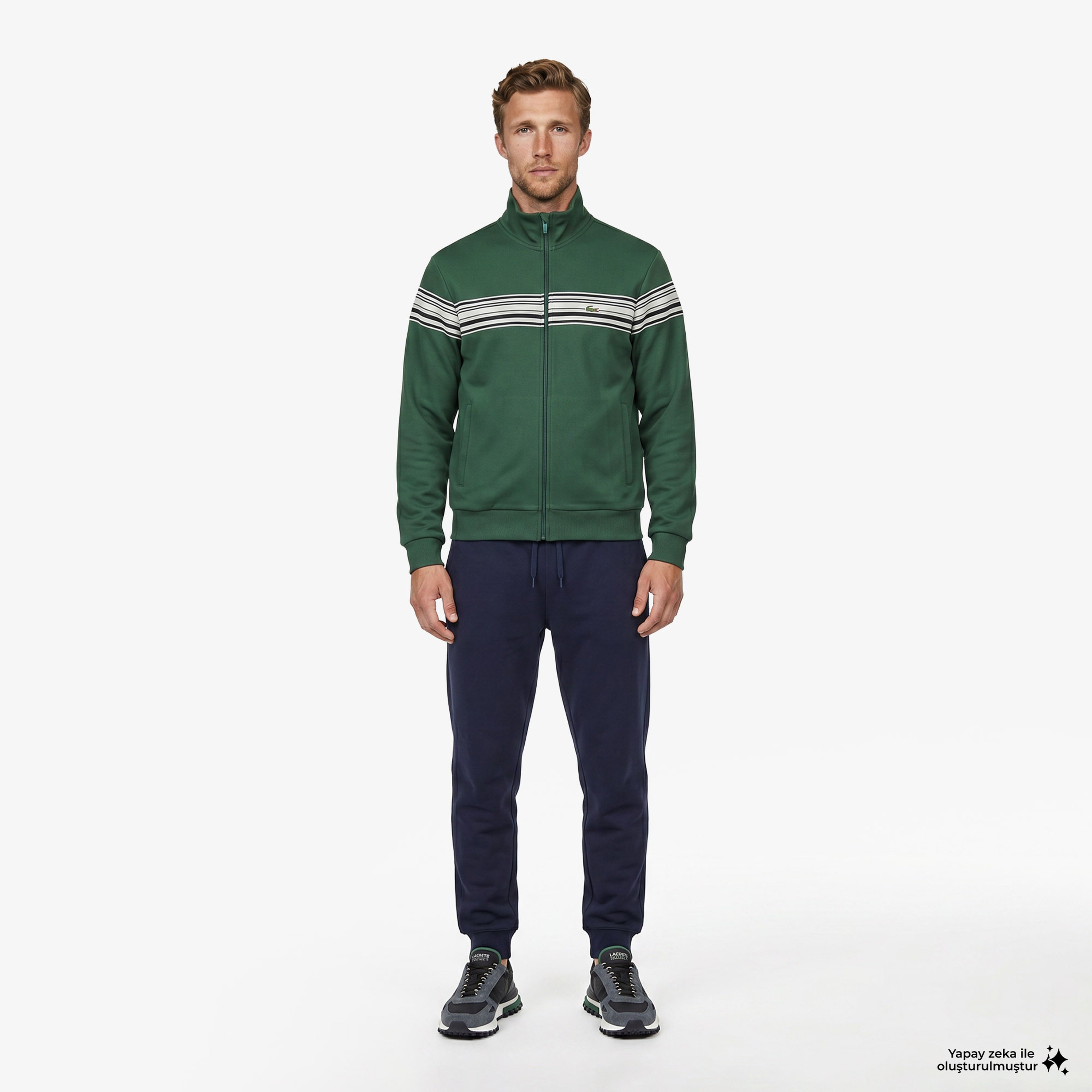Erkek Regular Fit Fermuarlı Renk Bloklu Yeşil Sweatshirt