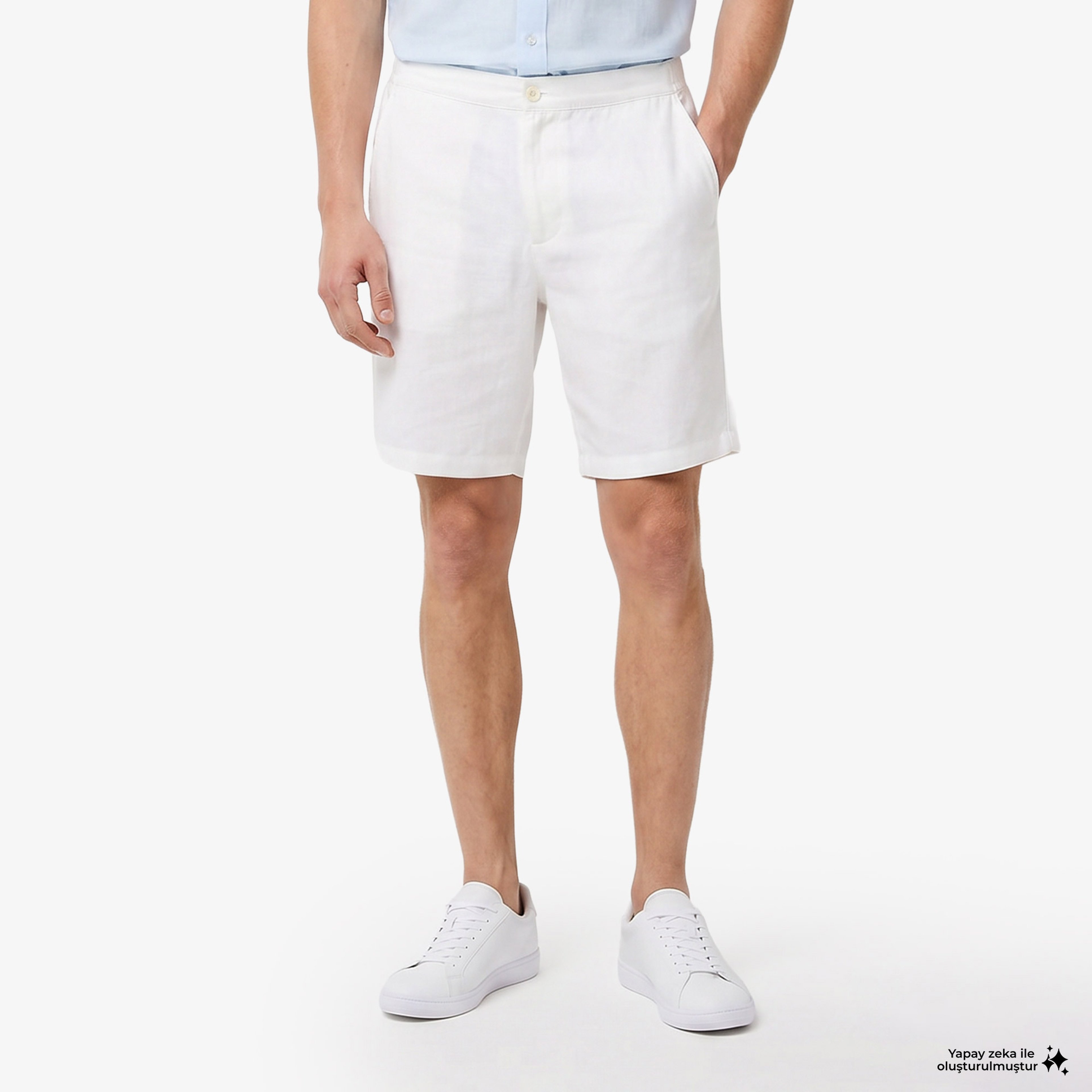 Erkek Tapered Fit Keten Beyaz Bermuda Şort