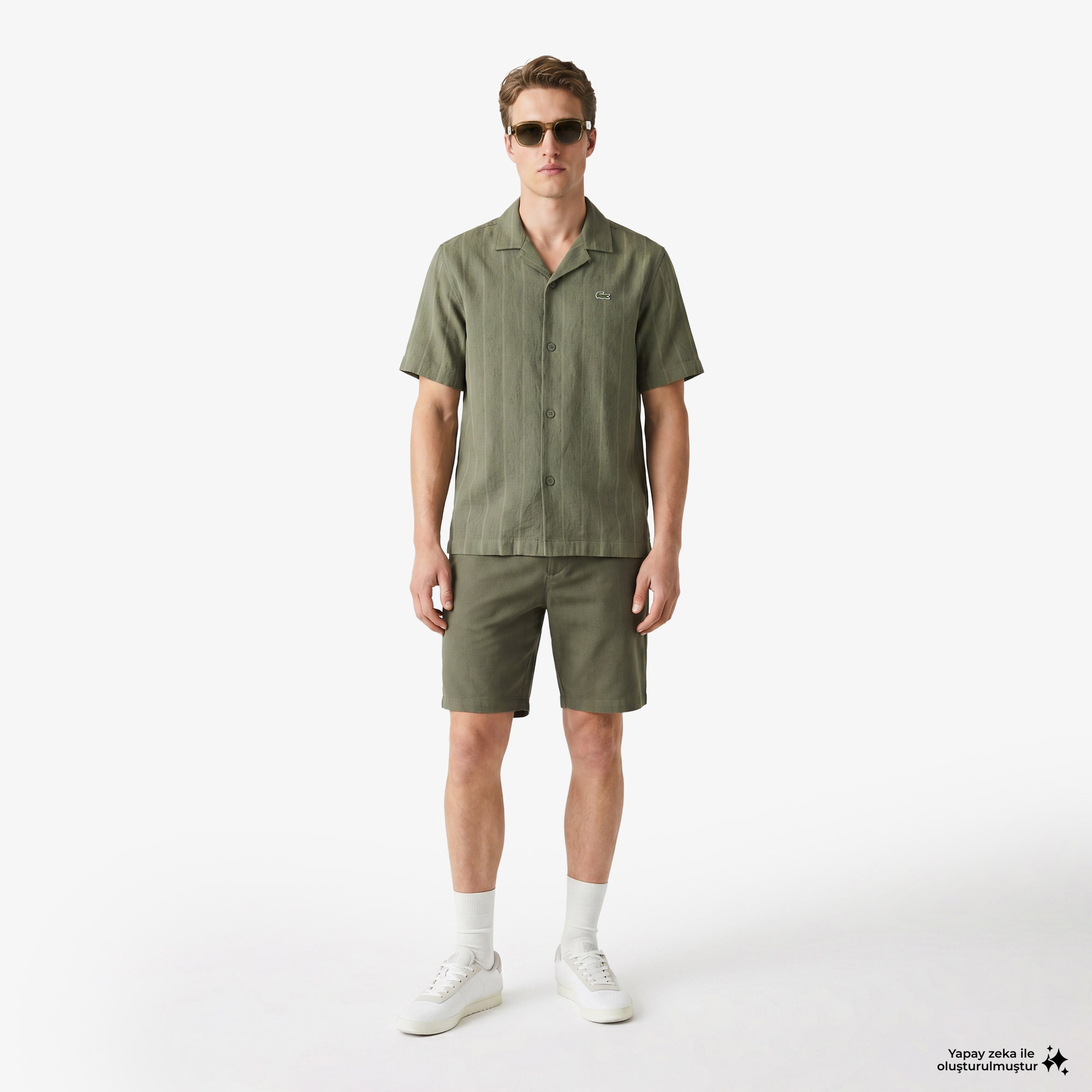 Erkek Tapered Fit Keten Haki Bermuda Şort