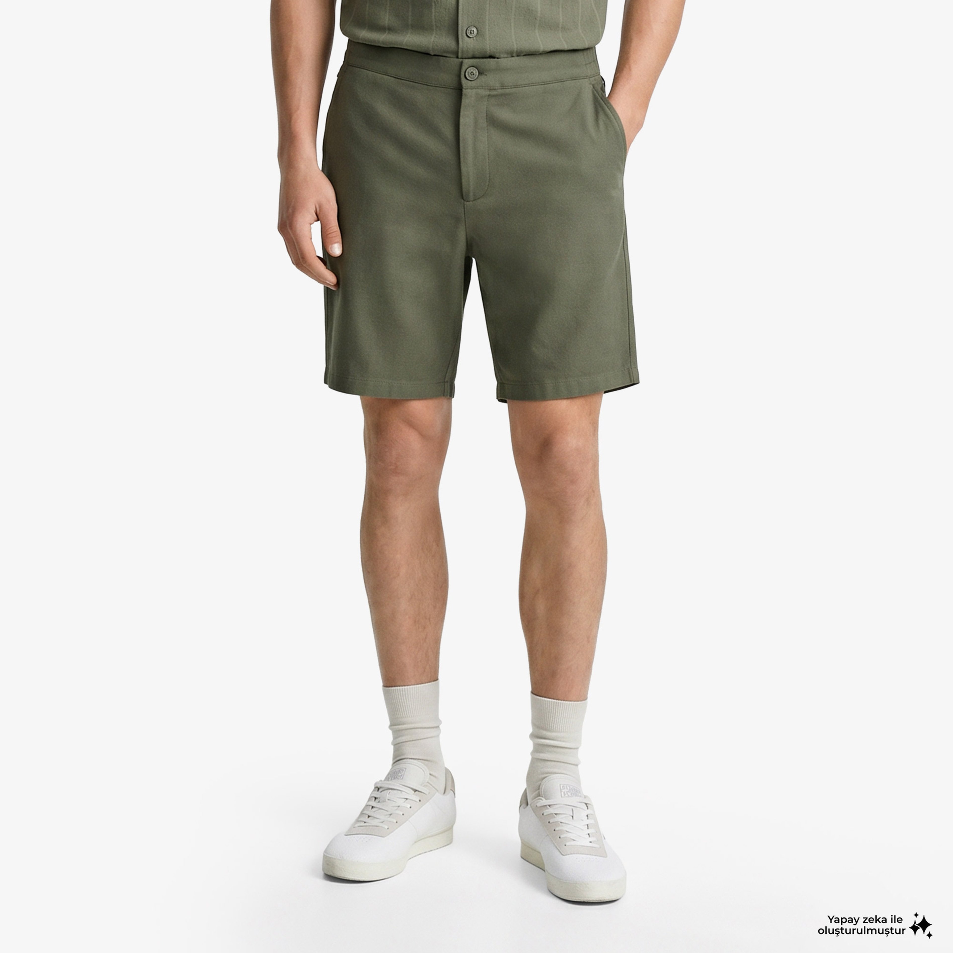 Erkek Tapered Fit Keten Haki Bermuda Şort