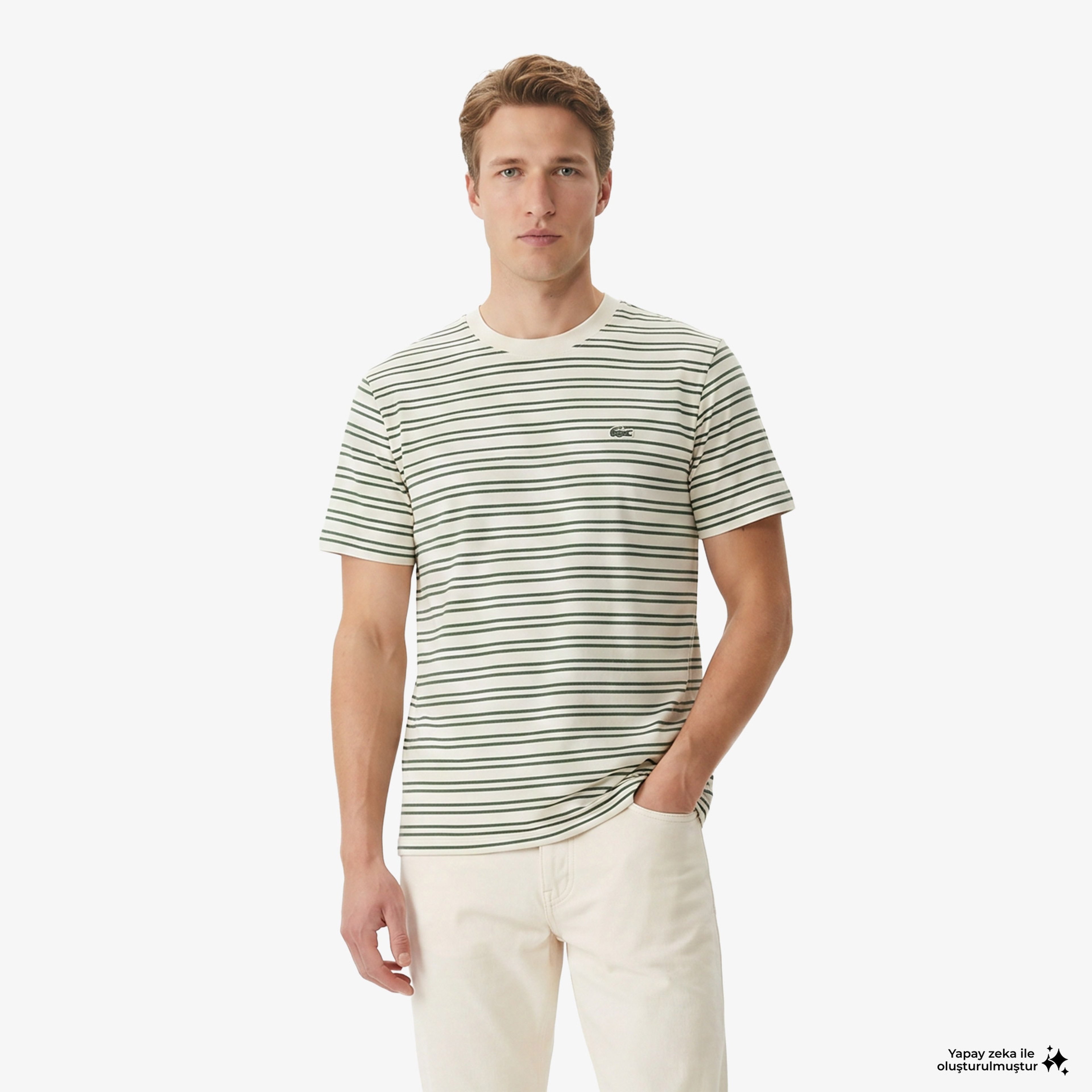 Erkek Classic Fit Bisiklet Yaka Çizgili Yeşil T-Shirt Erkek Classic Fit Bisiklet Yaka Çizgili Yeşil T-Shirt