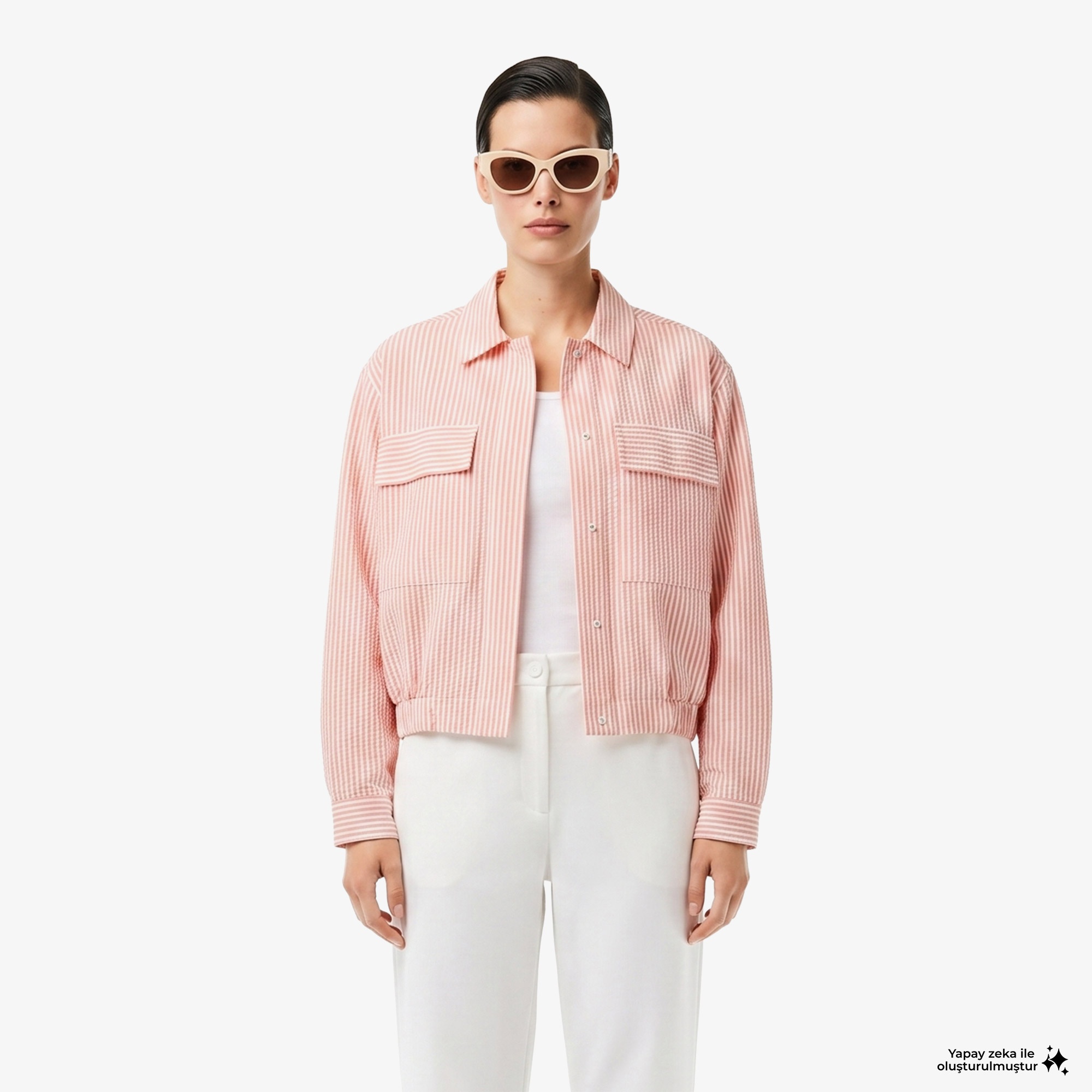 Kadın Relaxed Fit Çizgili Pembe Ceket