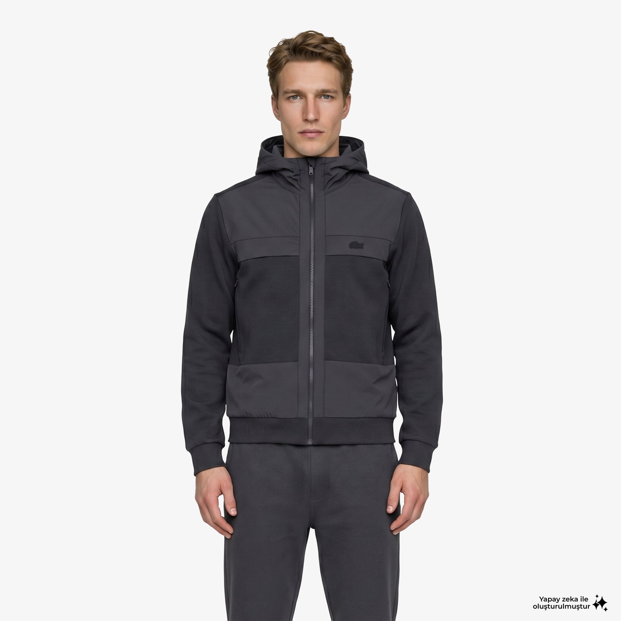 Erkek Regular Fit Fermuarlı Renk Bloklu Koyu Gri Sweatshirt