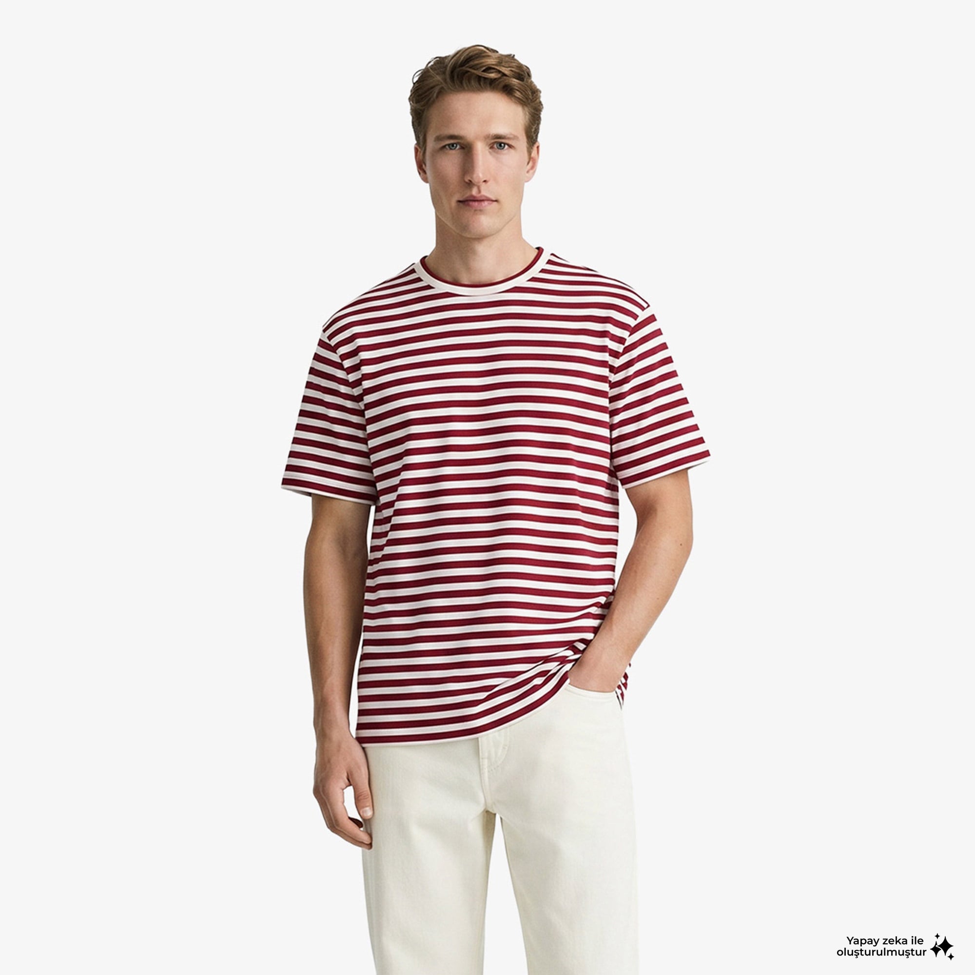 Erkek Relaxed Fit Bisiklet Yaka Çizgili Bordo T-Shirt