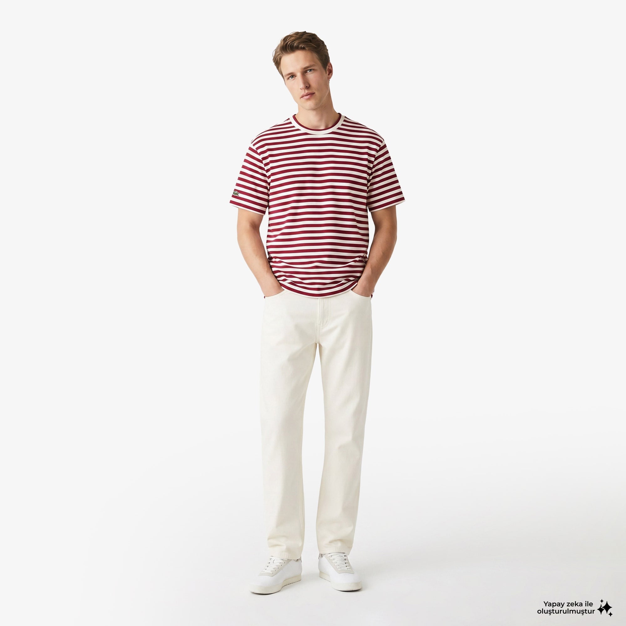 Erkek Relaxed Fit Bisiklet Yaka Çizgili Bordo T-Shirt