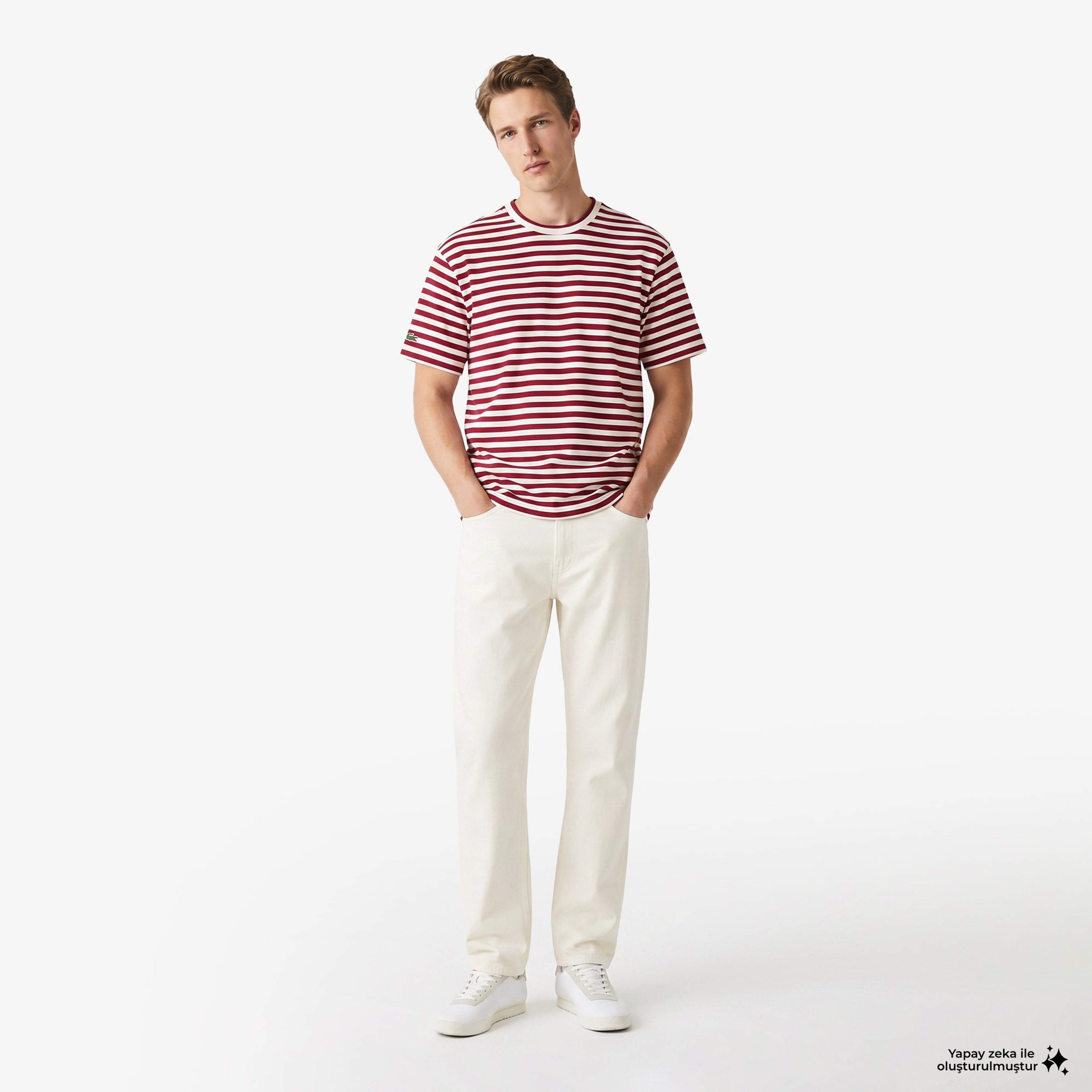 Erkek Relaxed Fit Bisiklet Yaka Çizgili Bordo T-Shirt