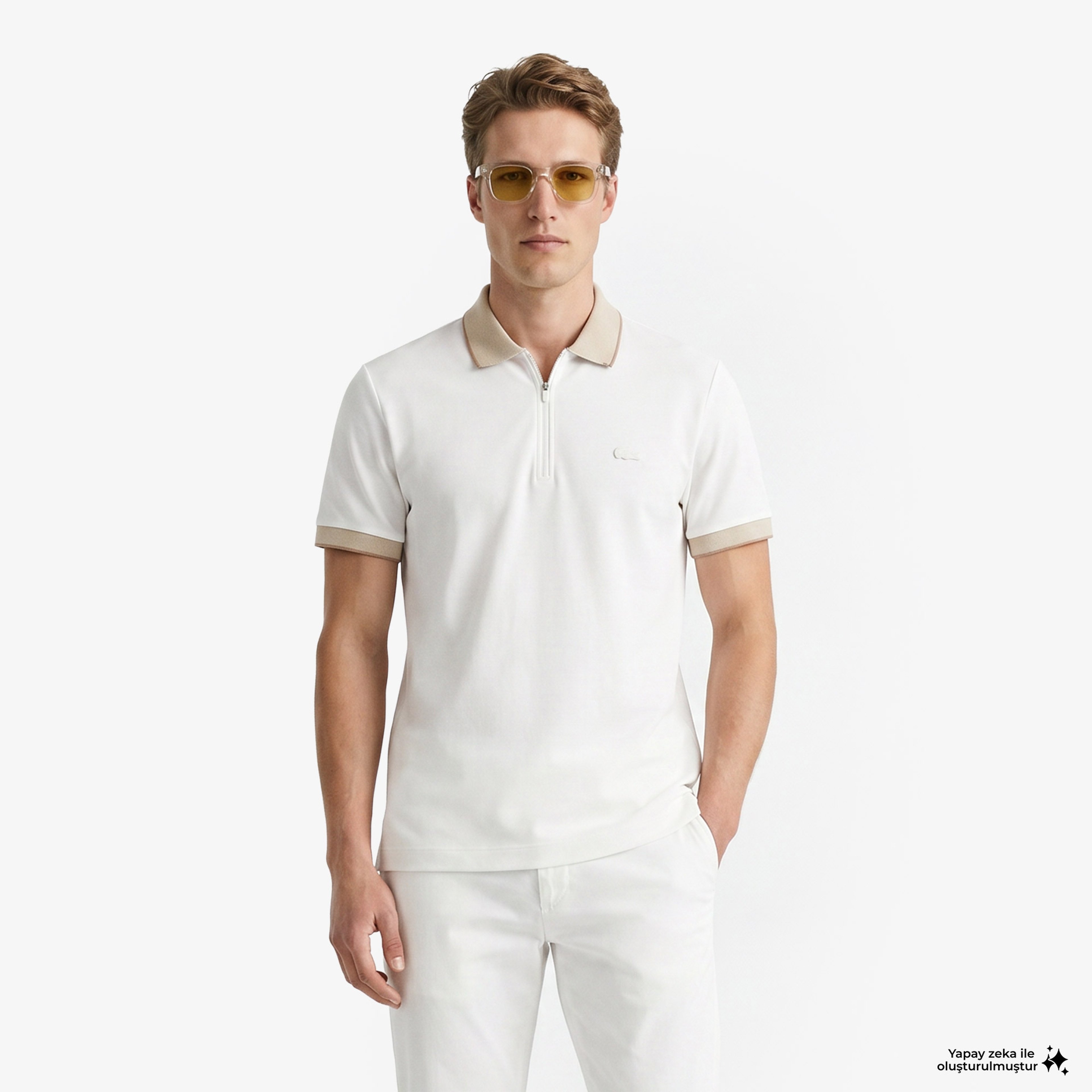 Erkek Regular Fit Renk Bloklu Krem Polo Erkek Regular Fit Renk Bloklu Krem Polo