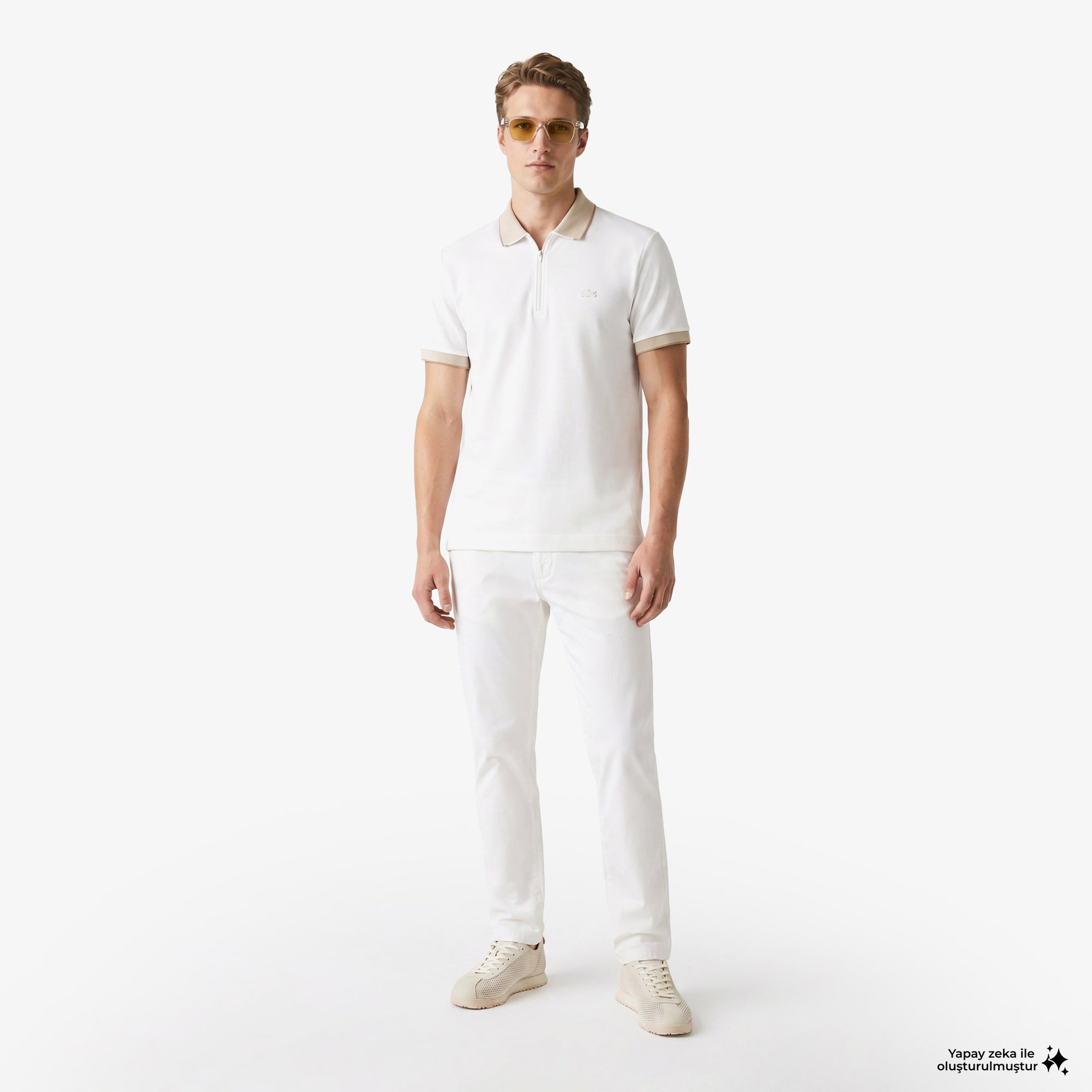 Erkek Regular Fit Renk Bloklu Krem Polo Erkek Regular Fit Renk Bloklu Krem Polo
