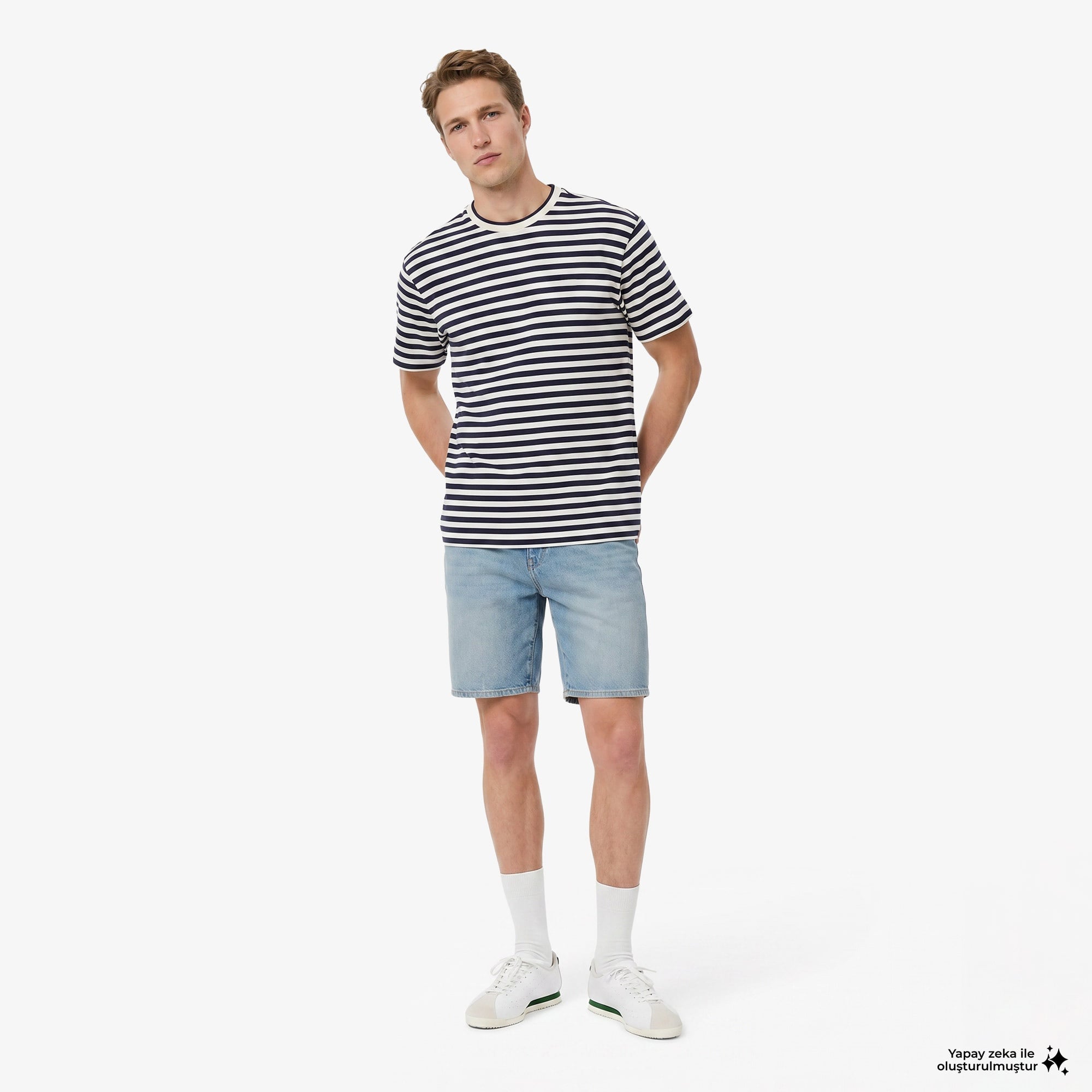 Erkek Relaxed Fit Bisiklet Yaka Çizgili Lacivert T-Shirt